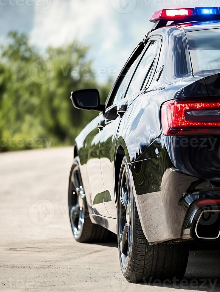Black Police Car with Flashing Lights Patrolling on Country Road in Daytime Scenic Rural Environment photo