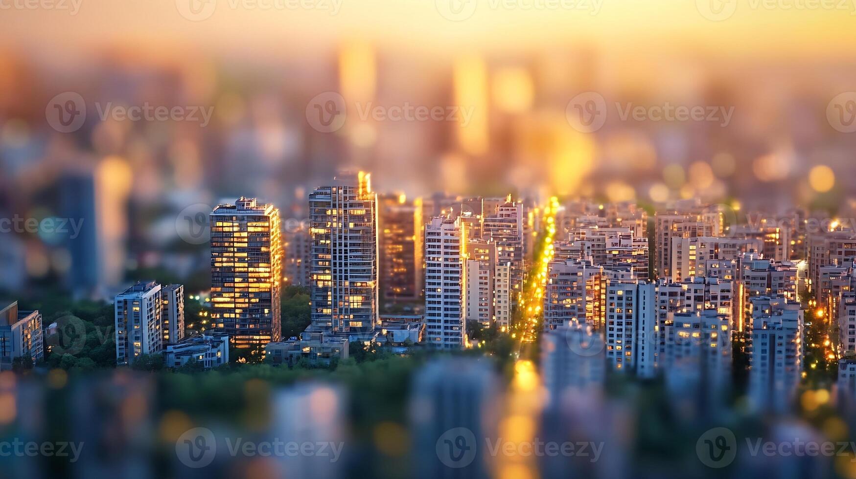 High Angle Aerial View of Urban Cityscape with Bright Sunset Illumination Effect photo