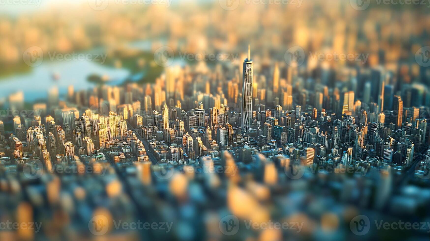 Breathtaking Aerial View of Metropolis with Towering Buildings Bathed in Warm Golden Sunlight photo