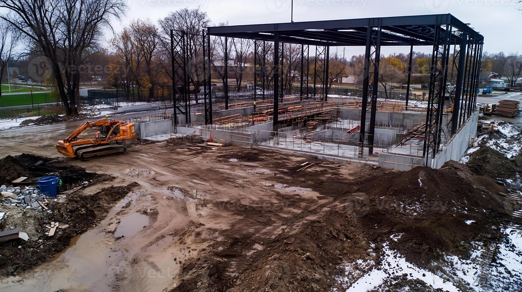 Construction site with heavy machinery actively building urban commercial structure photo