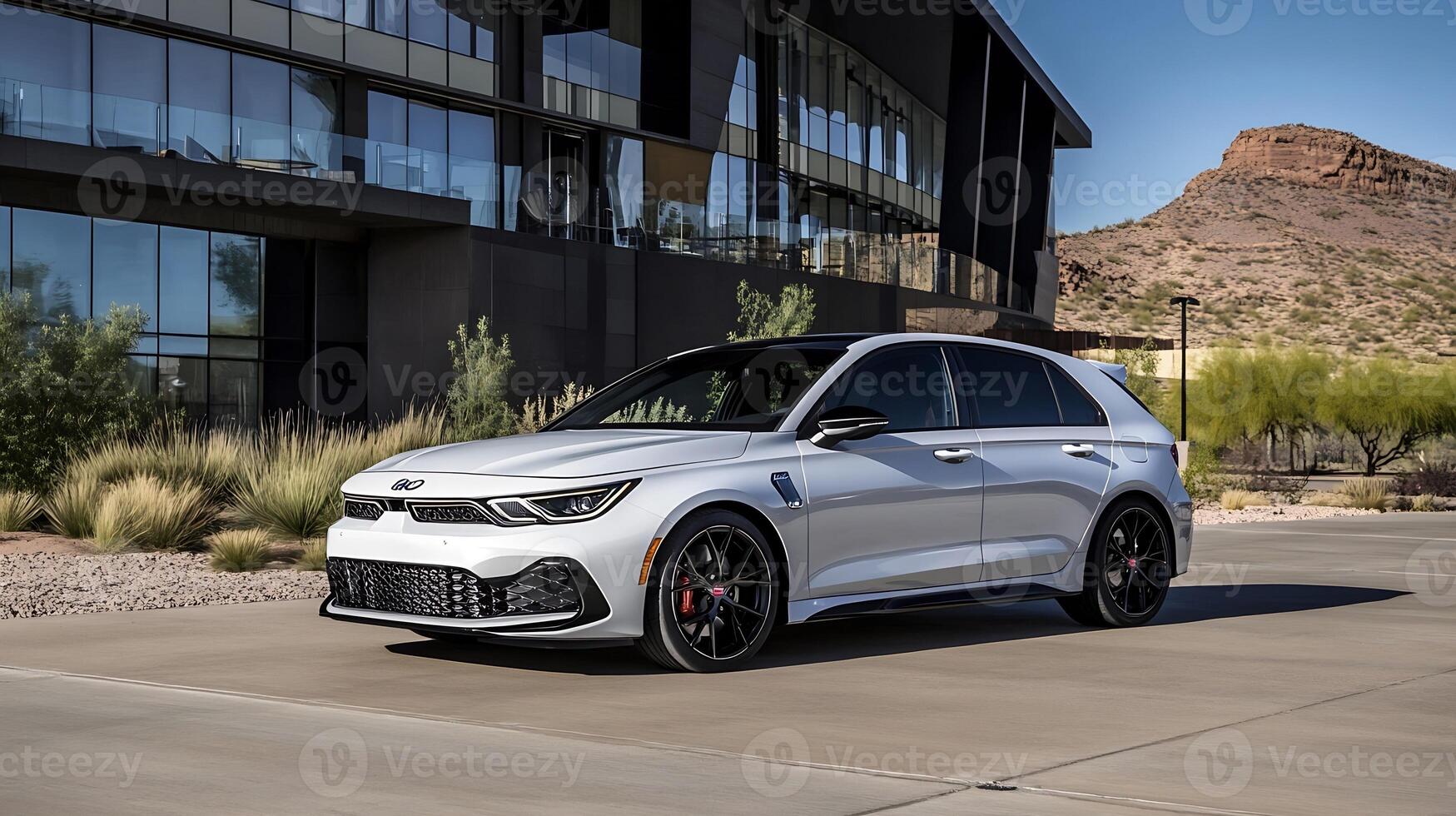 Modern White Hatchback Car Parked in Front of Contemporary Building in Desert Setting photo