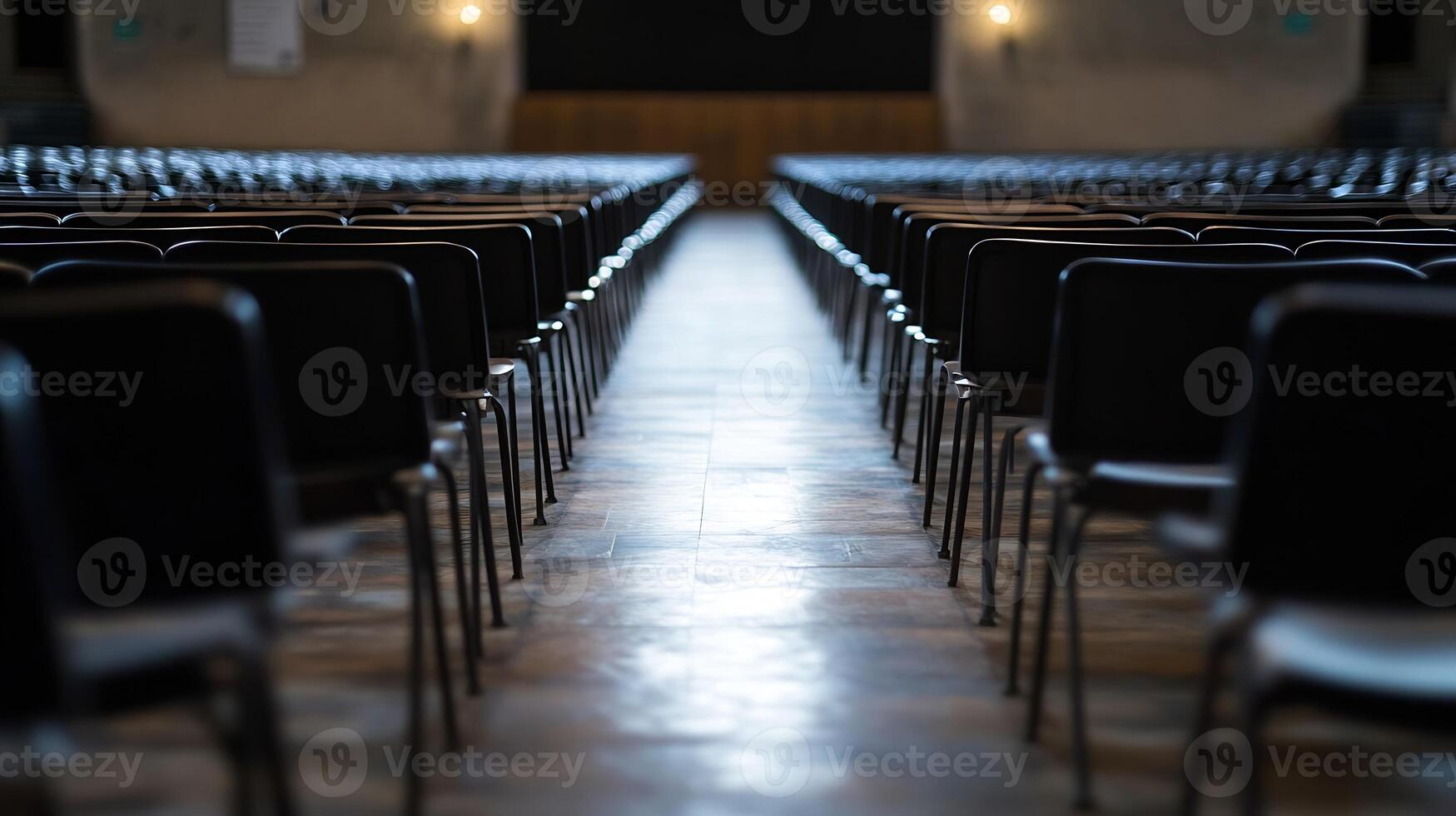 Empty Theater Auditorium With Rows of Black Chairs in Low Light Setting photo