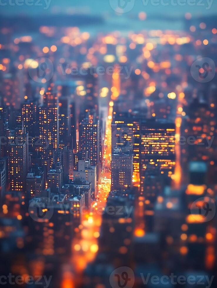 Vibrant Urban Cityscape with Evening Lights in Bokeh Artistic Photography photo
