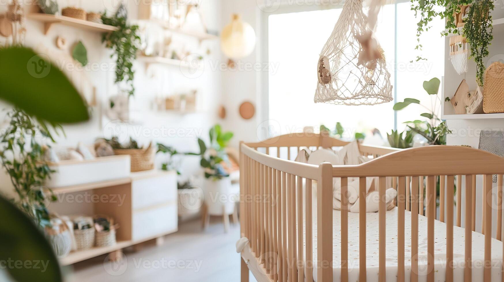 Tranquil and Cozy Nursery Interior Design with Wooden Crib and Natural Elements photo