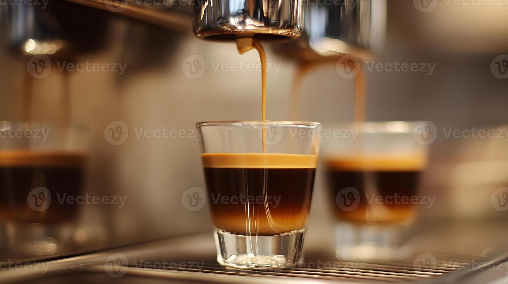 Freshly brewed espresso shot poured into glass cup from coffee machine photo