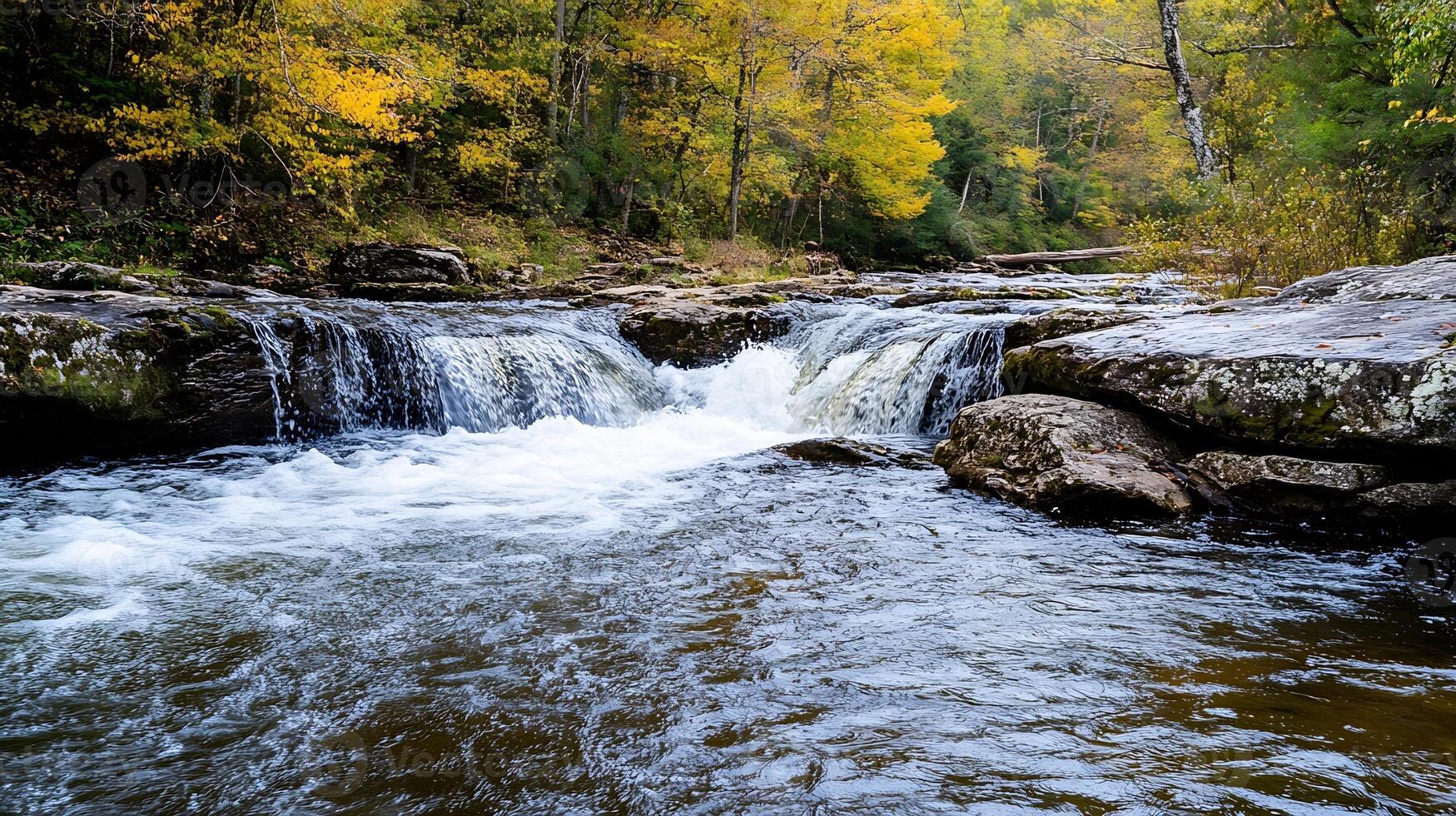 Tranquil Autumn River Scene with Flowing Water and Colorful Forest in Background photo