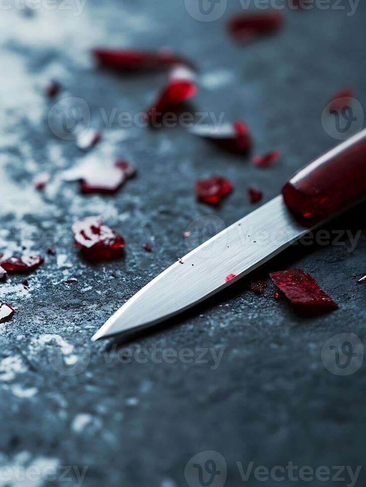Close-up of Sharp Knife Blade with Red Glass Shards on Dark Surface photo