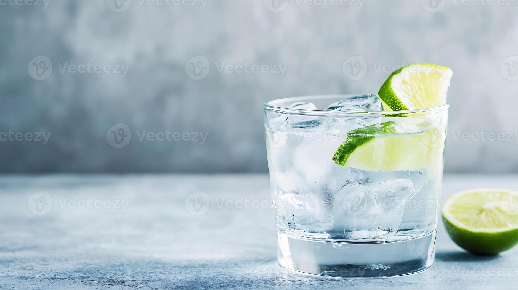 Refreshing Glass of Gin and Tonic with Lime Garnish on Stone Surface photo