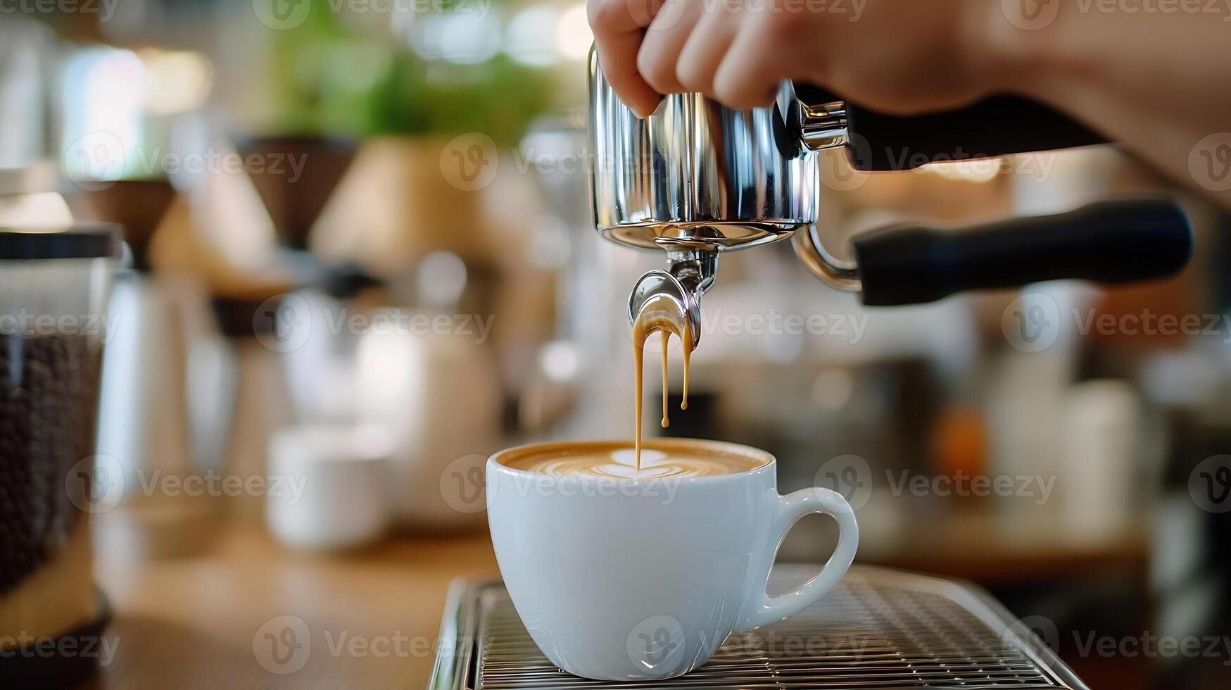 Barista Making Espresso with Steam Wand in Stylish Cafe for Coffee Enthusiast and Business Use photo