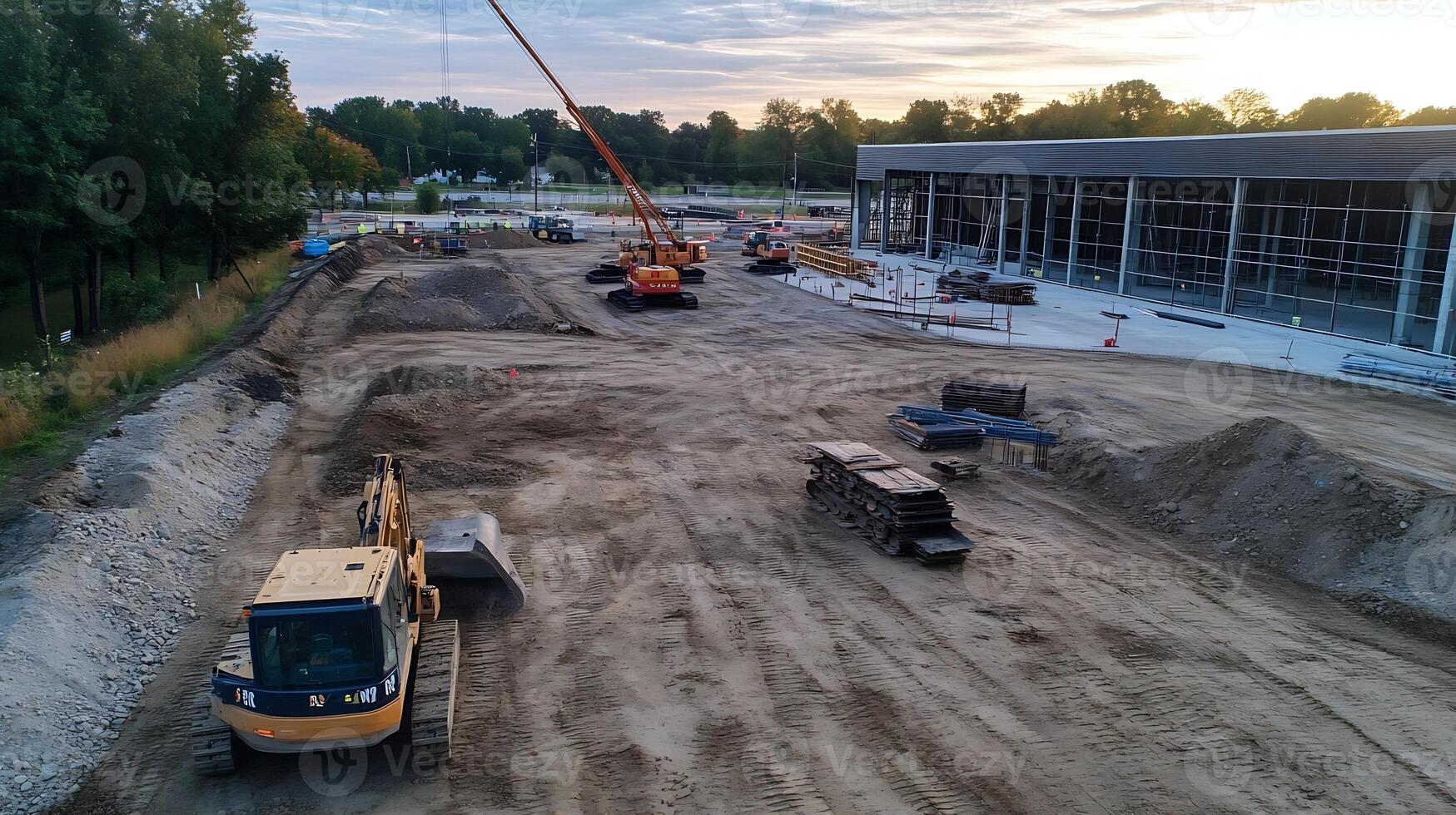 Large Construction Site with Excavators and Heavy Machinery in Progress at Sunset photo