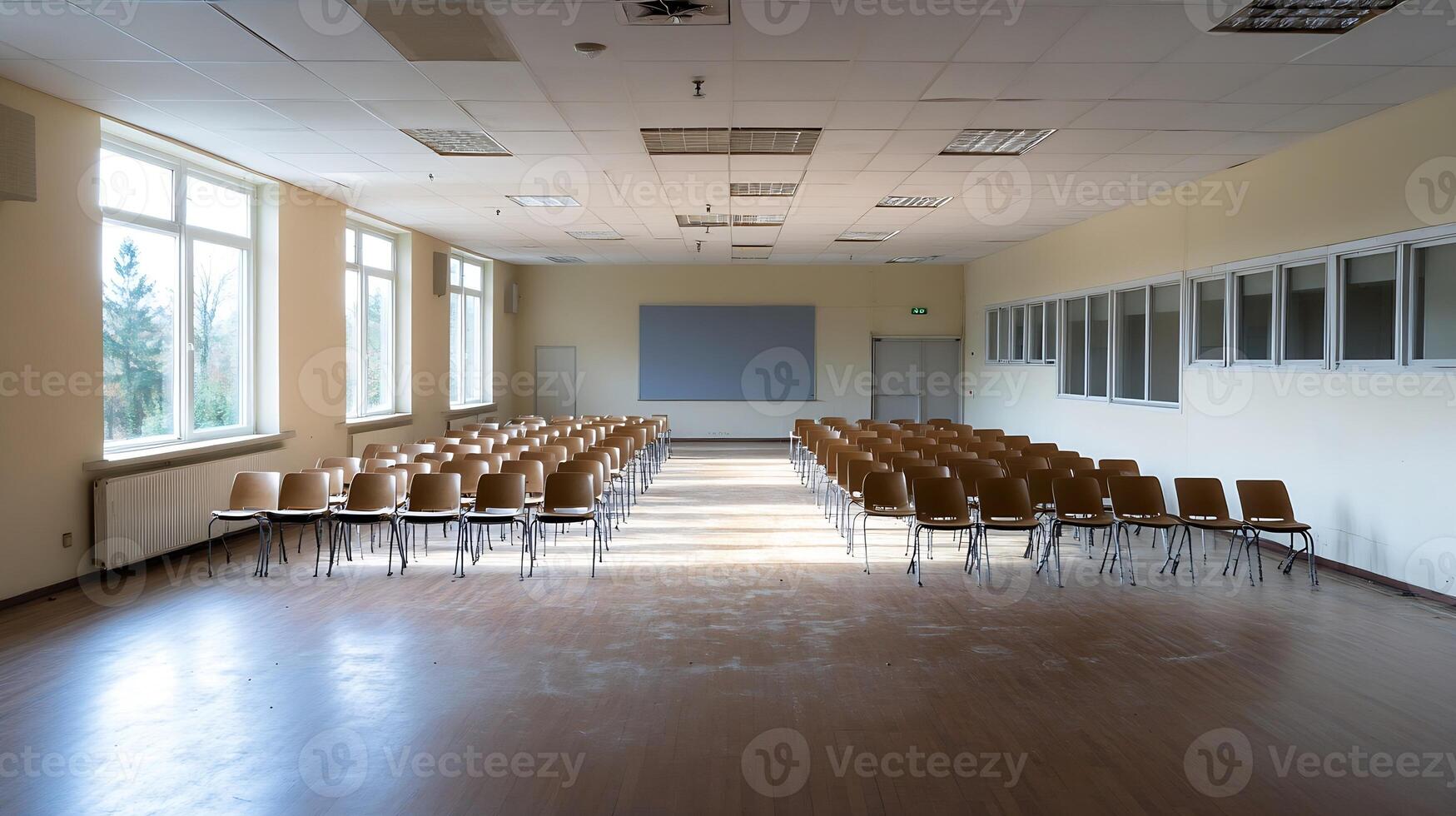 Empty Modern Classroom or Conference Hall with Rows of Chairs Under Bright Windows photo