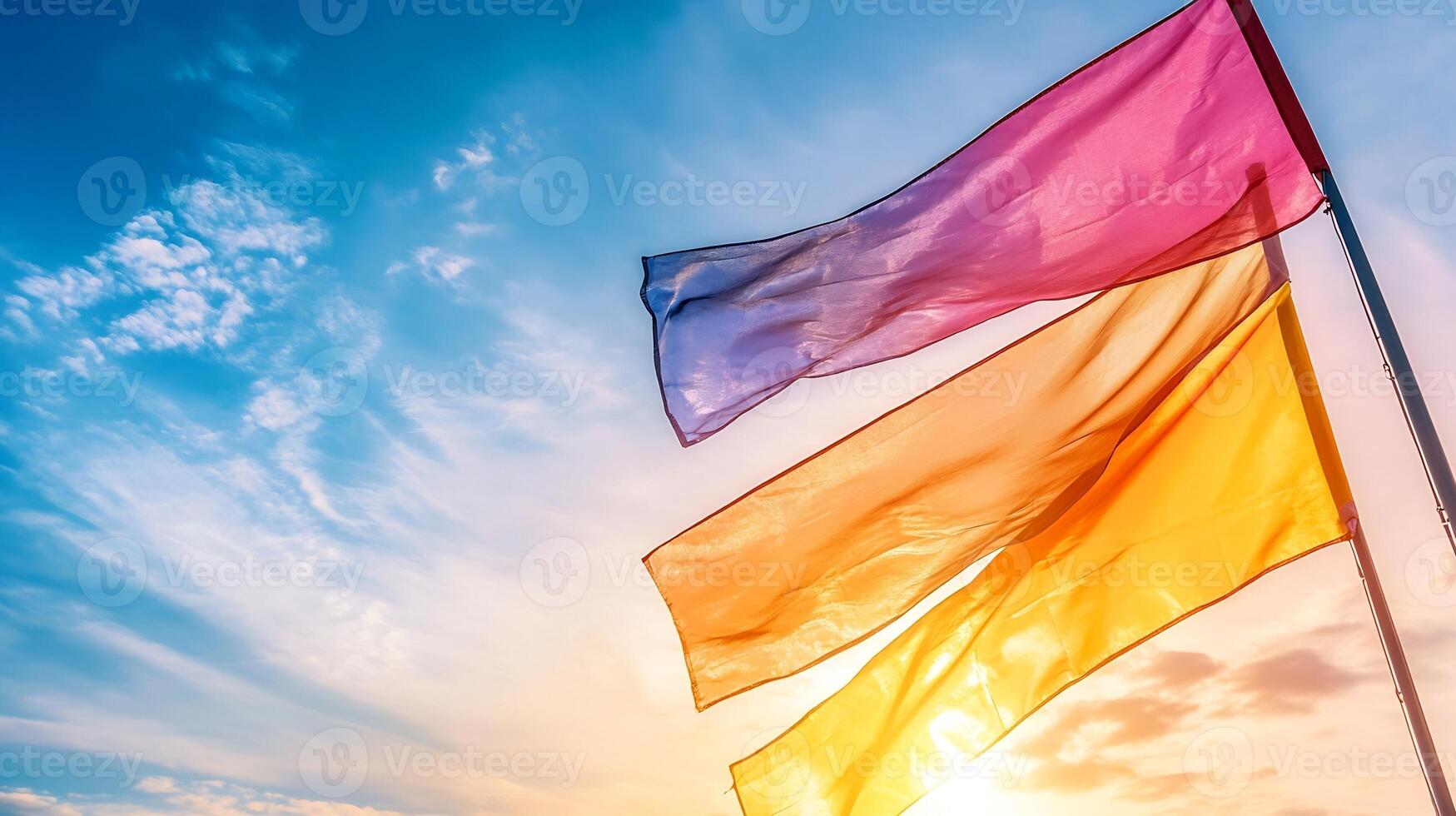 Vibrant Pink and Orange Flags Swaying in the Clear Summer Sky at Sunset photo