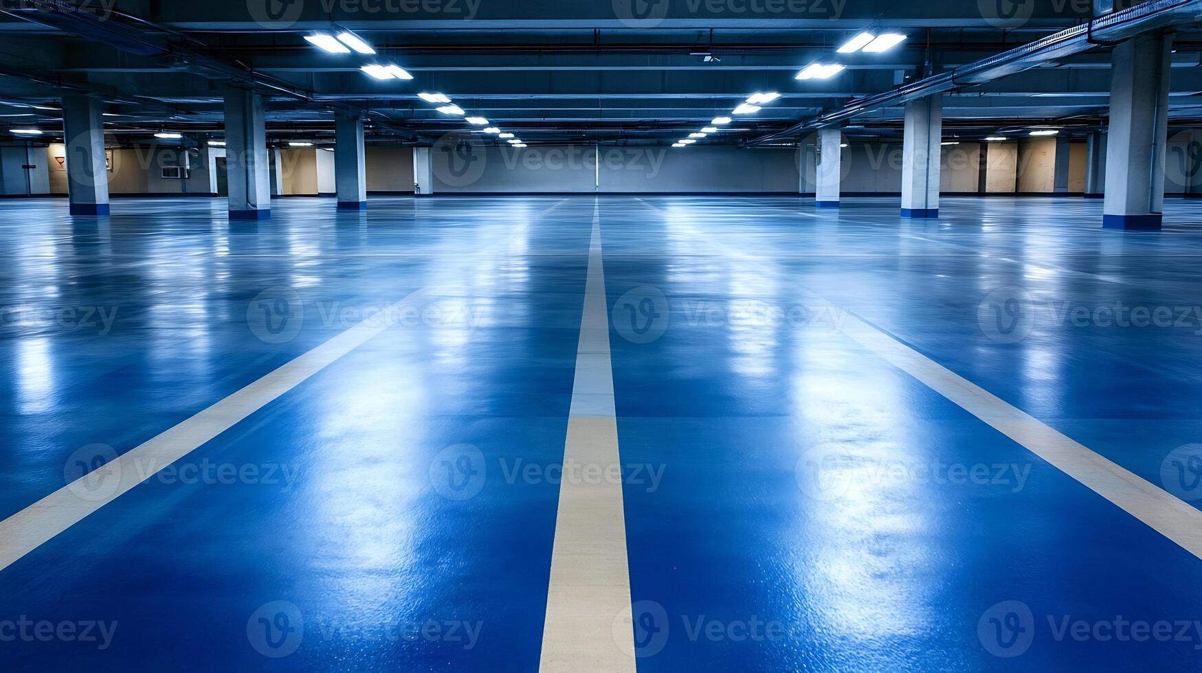 Modern Underground Parking Garage with Polished Floors and Lighting photo