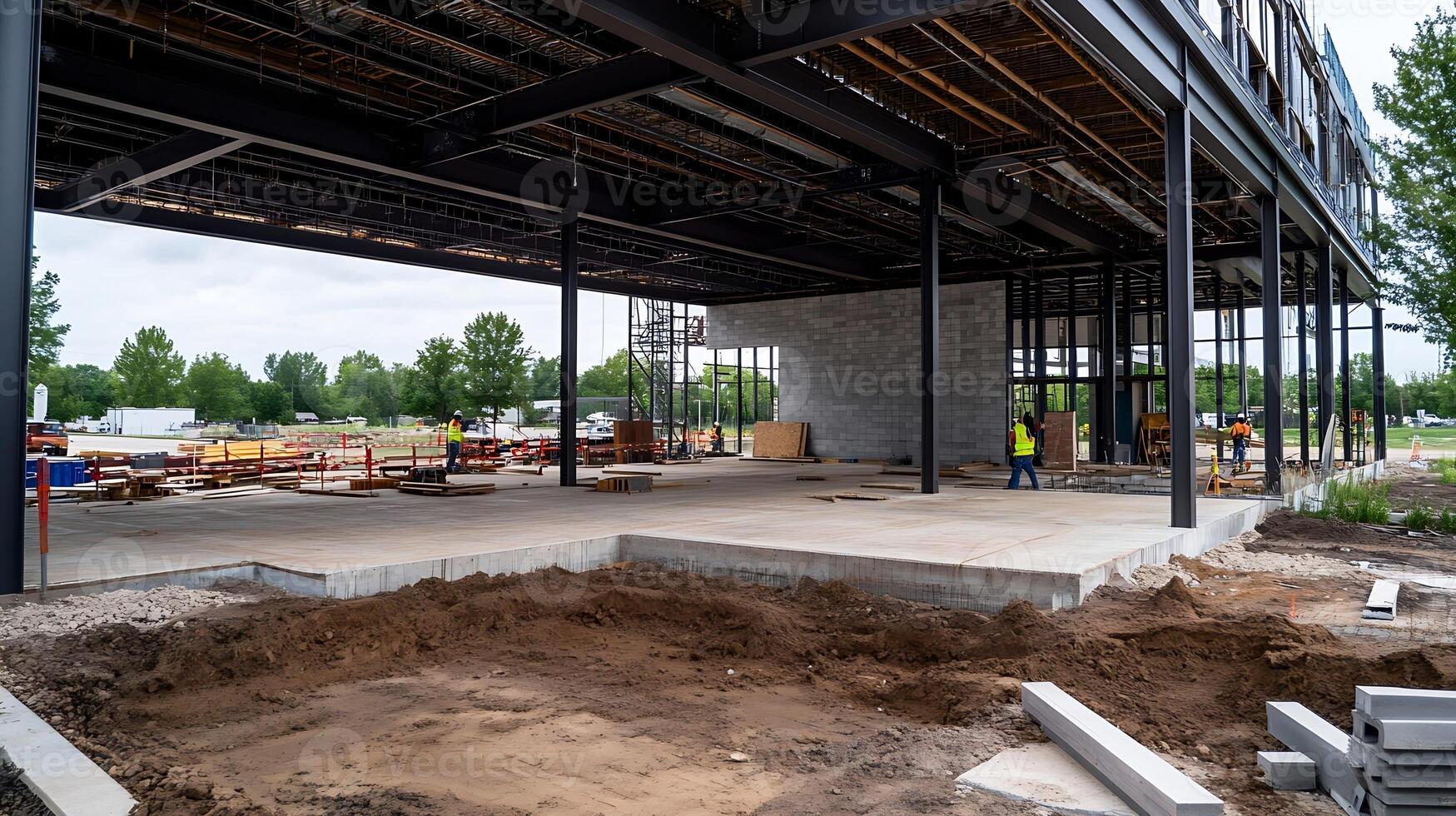 Modern Construction Site with Steel Framework and Open Building Structure in Progress photo
