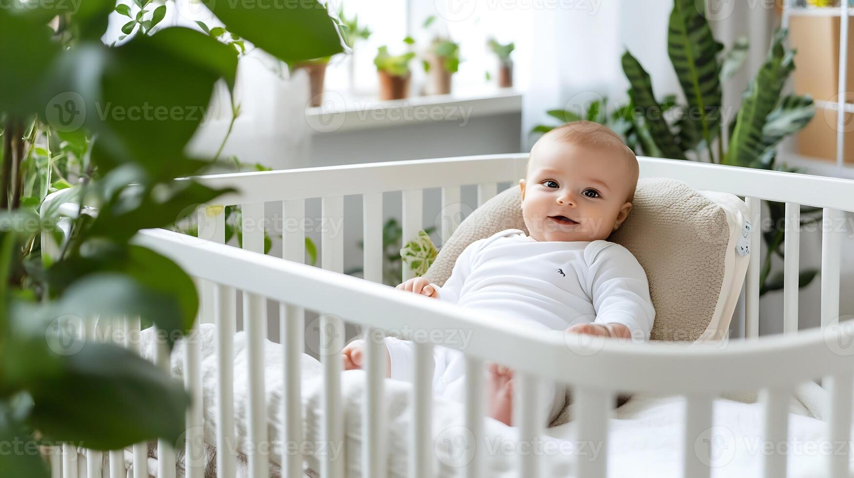 Adorable Baby in Cot Surrounded by Indoor Plants Perfect for Parenthood and Nursery Decoration Themes photo