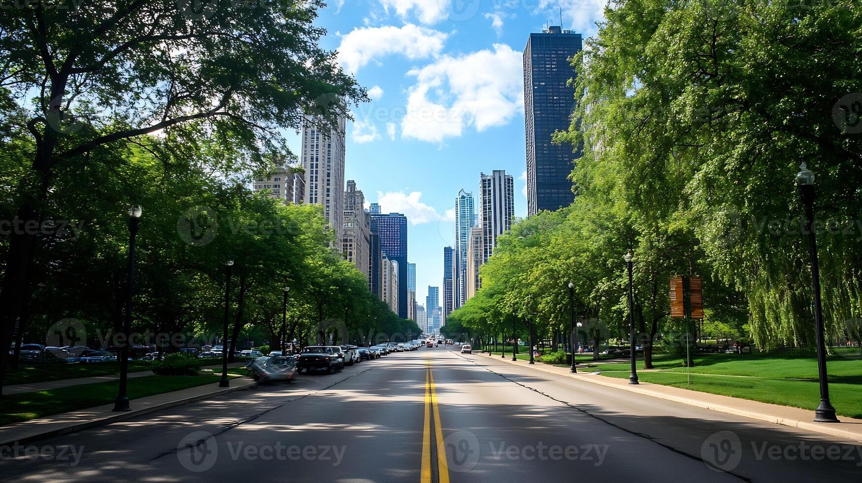Vibrant Cityscape of Chicago with Skyscrapers and Trees on Sunny Day photo
