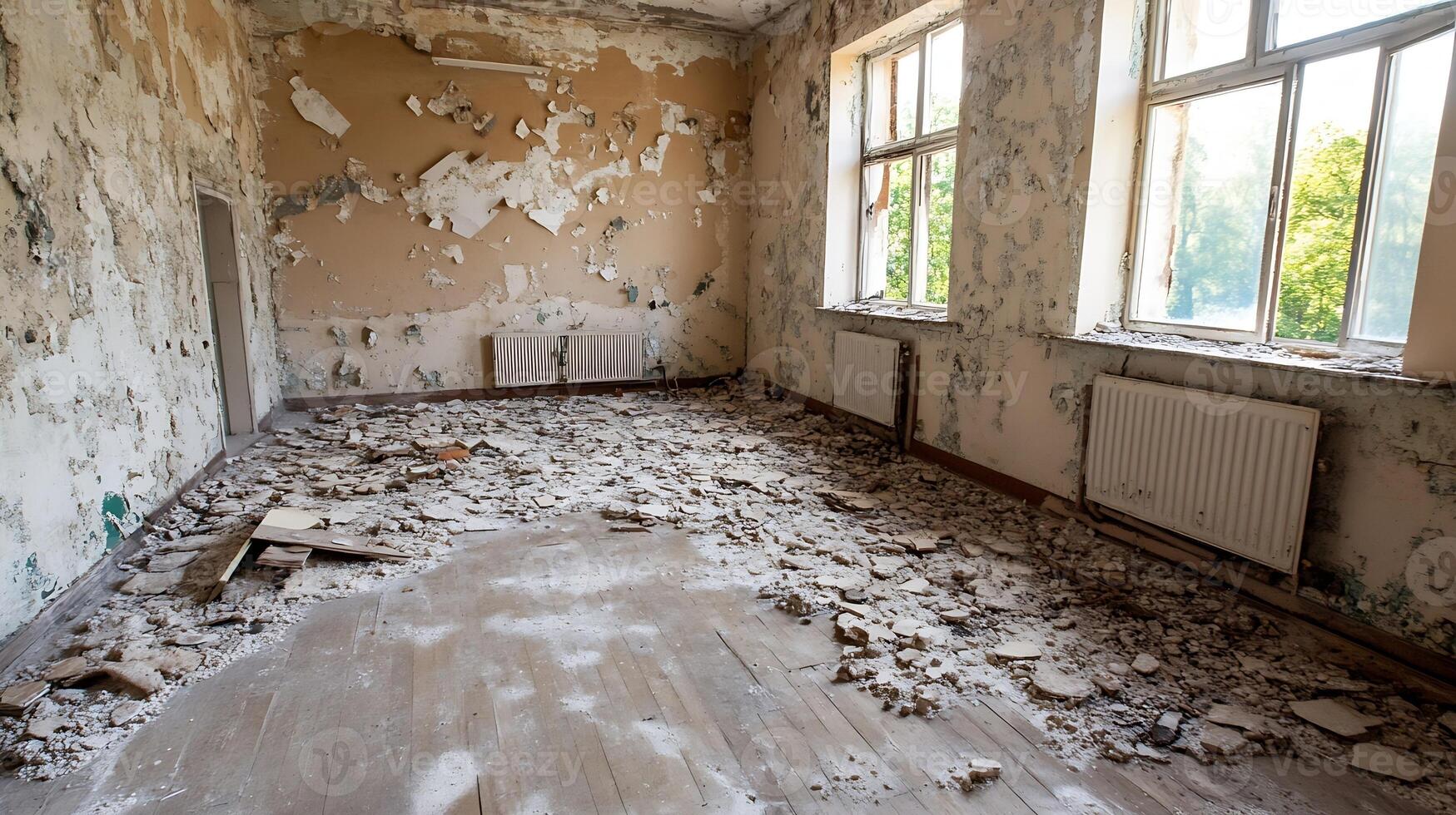 Abandoned Building Interior with Crumbling Walls and Debris on Floor Daylight Through Windows photo