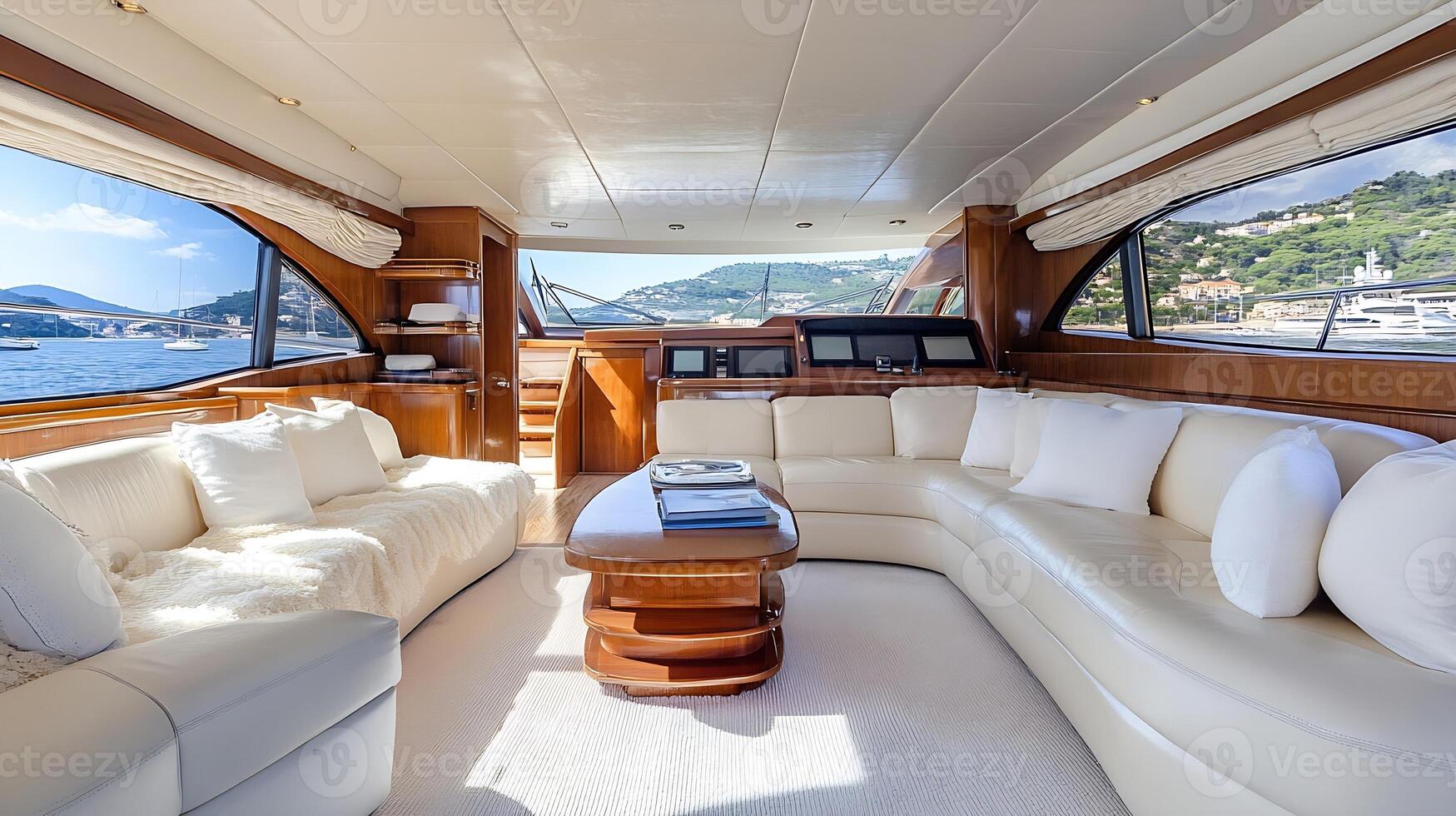 Luxurious Yacht Interior Design with Panoramic Ocean View and Plush Seating Arrangement photo