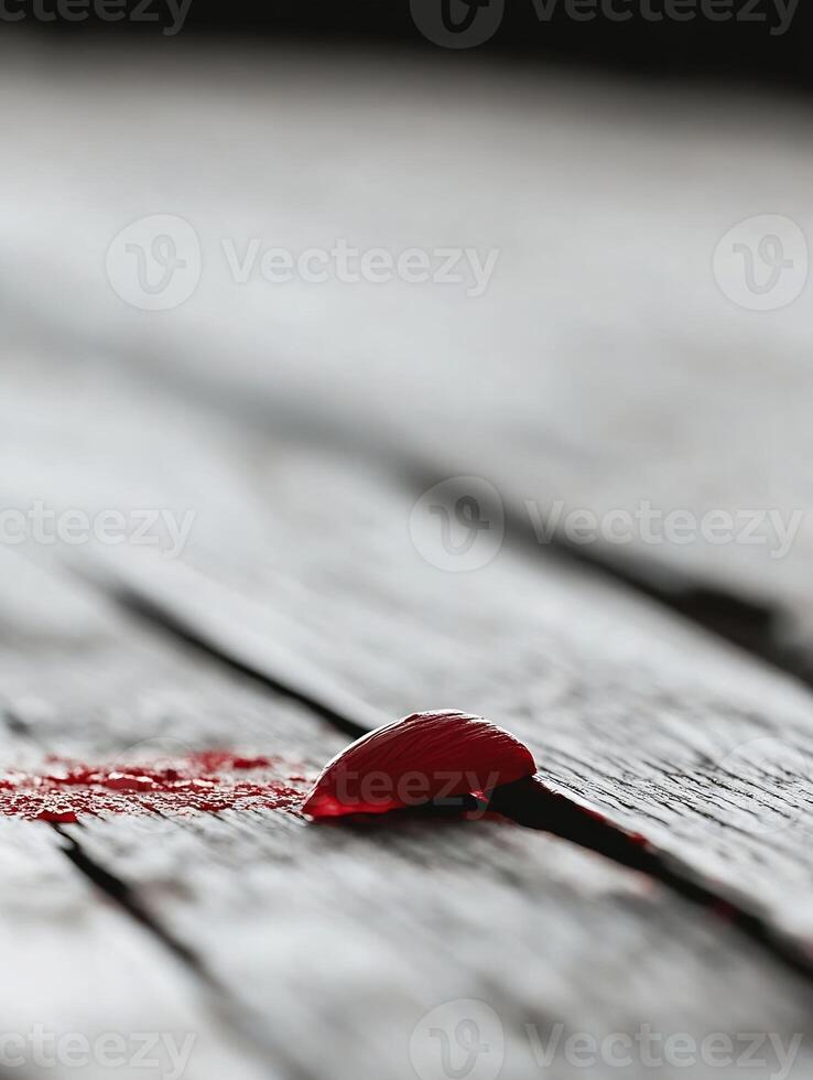 Single Rose Petal Resting on Wooden Surface with Soft Red Lighting photo