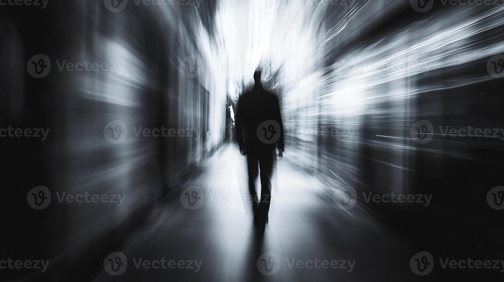Mystical Silhouette of Person Walking Through Blurry Ambient Urban Passageway photo
