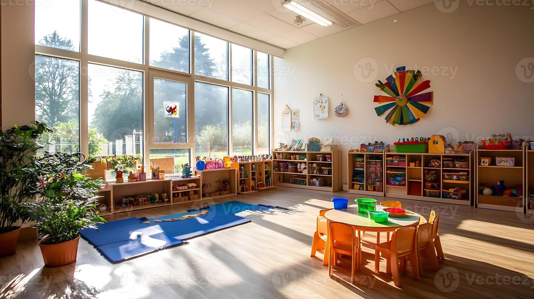 Bright and Cheerful Kindergarten Classroom with Toys and Sunlit Windows photo