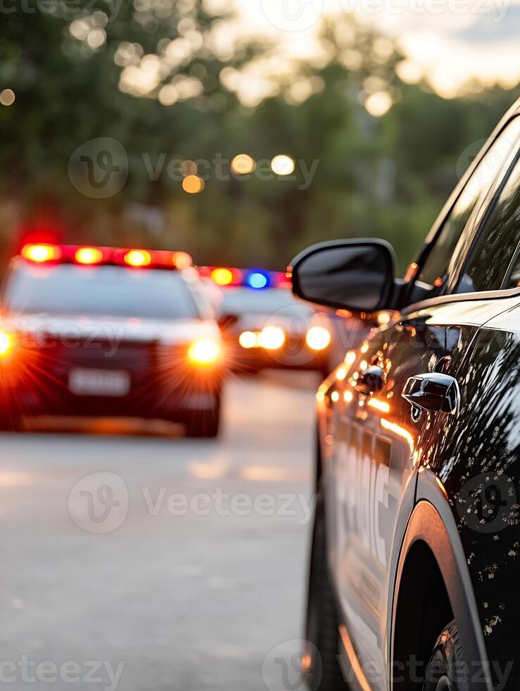 Police vehicle with flashing lights among trees at twilight setting photo