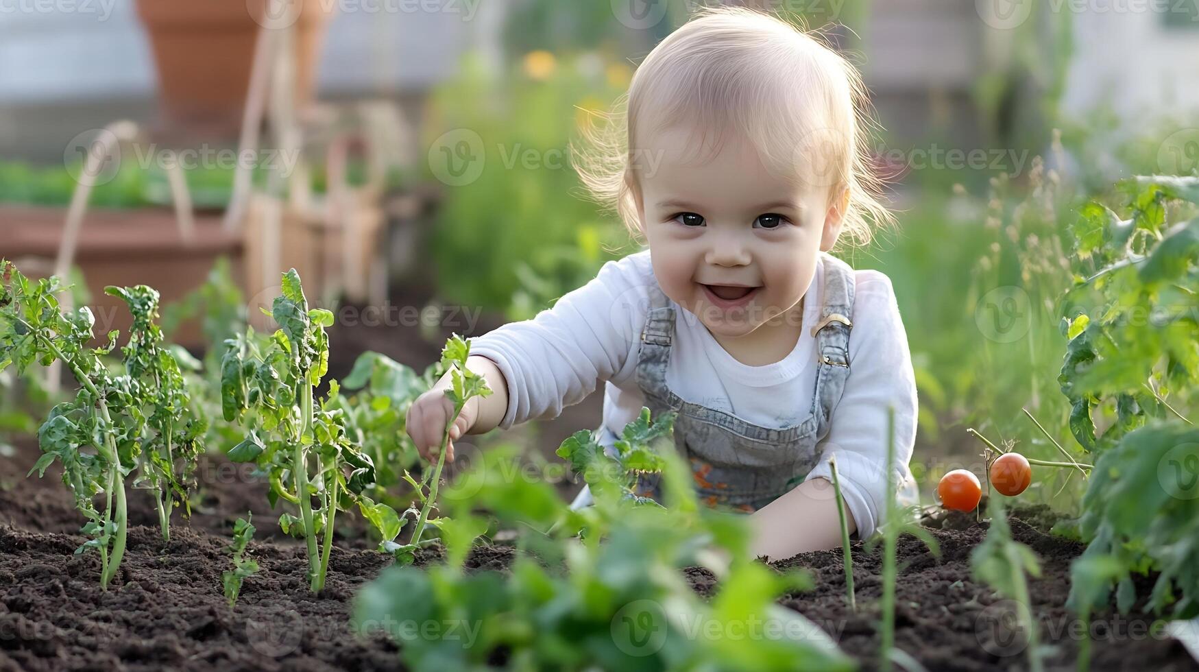Happy toddler enjoying fun playtime in garden surrounded by vibrant green plants and cherry tomatoes photo