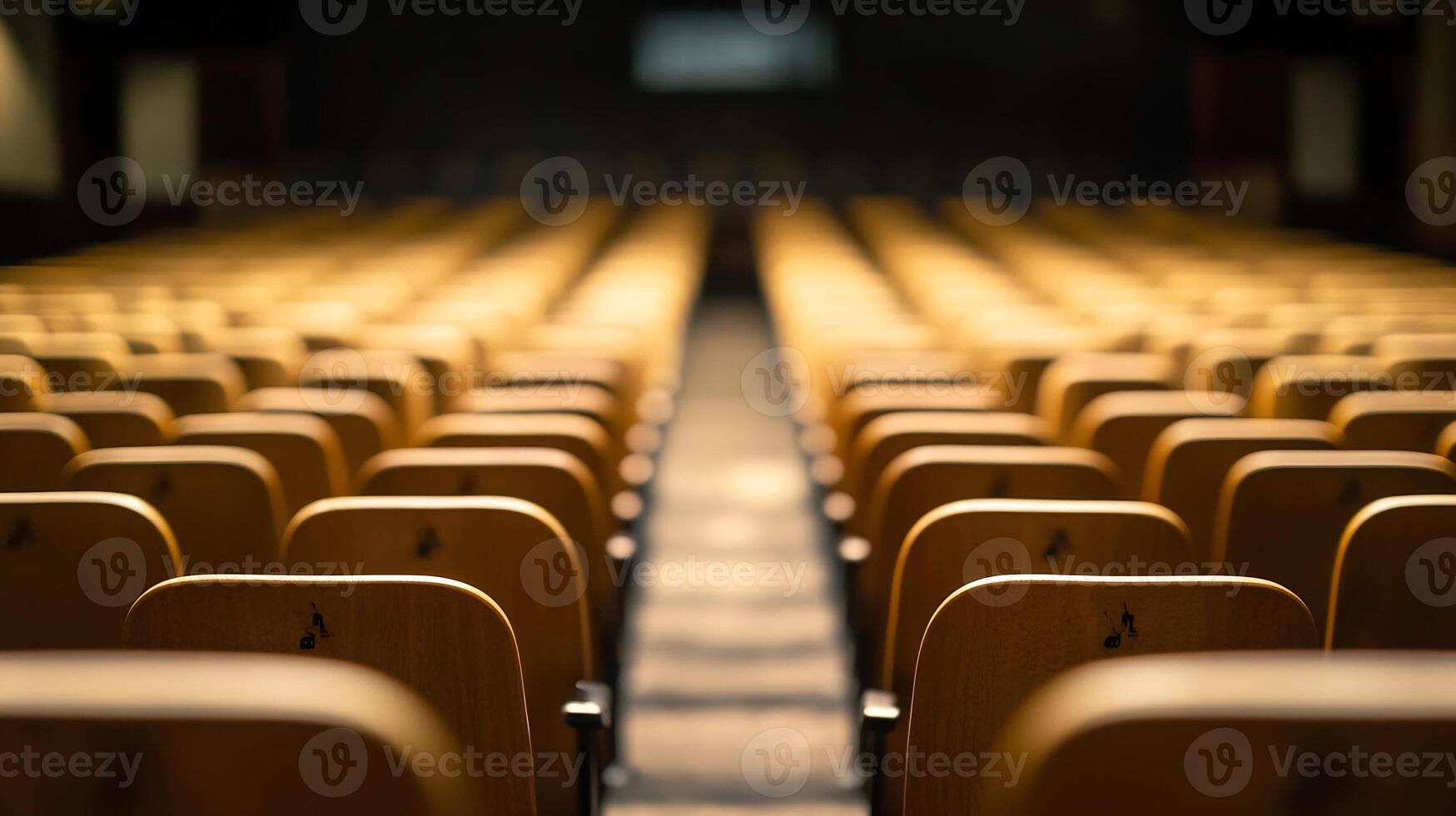 Empty Theater Auditorium with Rows of Wooden Seats in Soft Focus photo