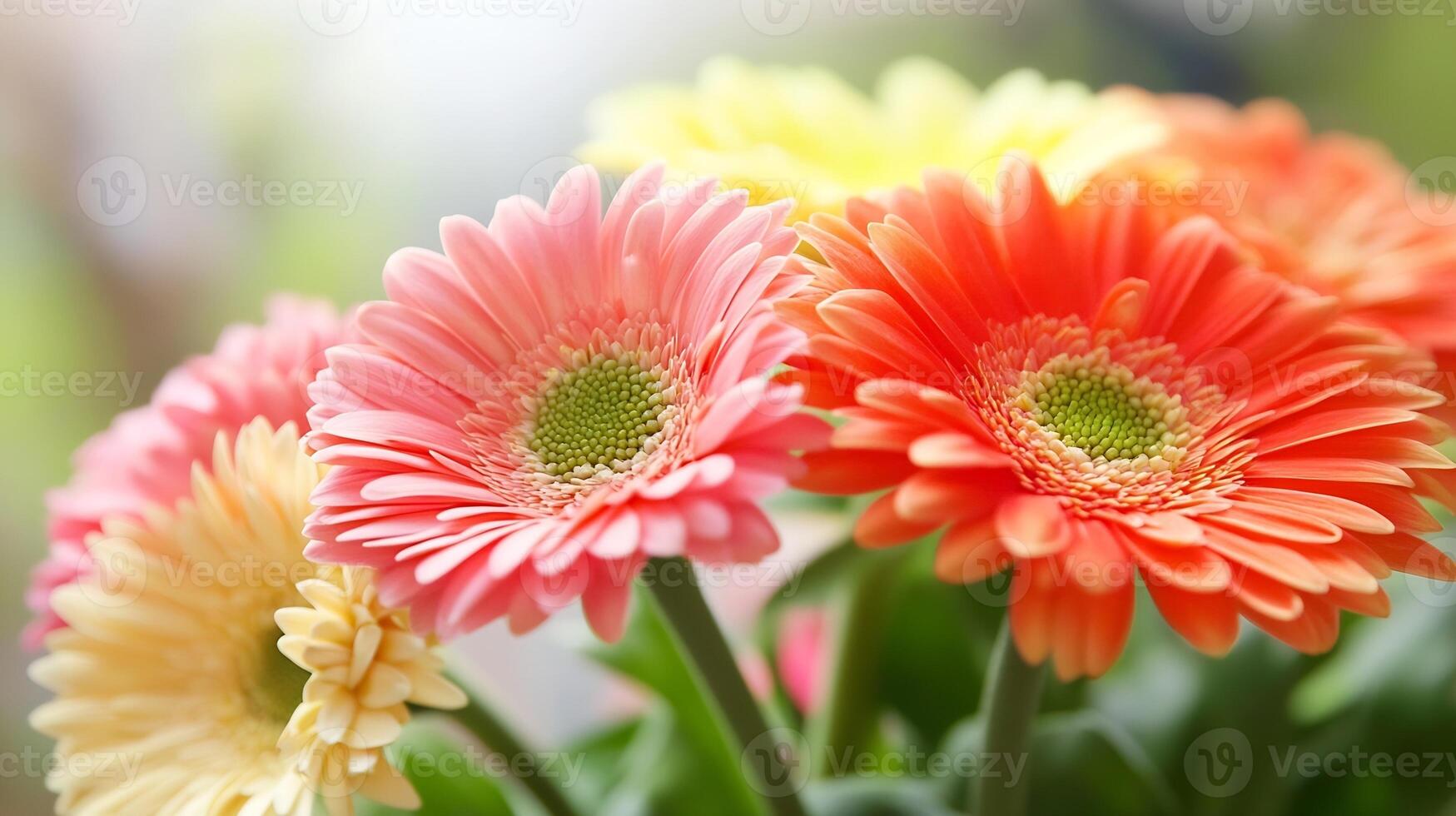 Vibrant Pink and Orange Gerbera Daisies Bloom in Sunlit Garden Setting photo