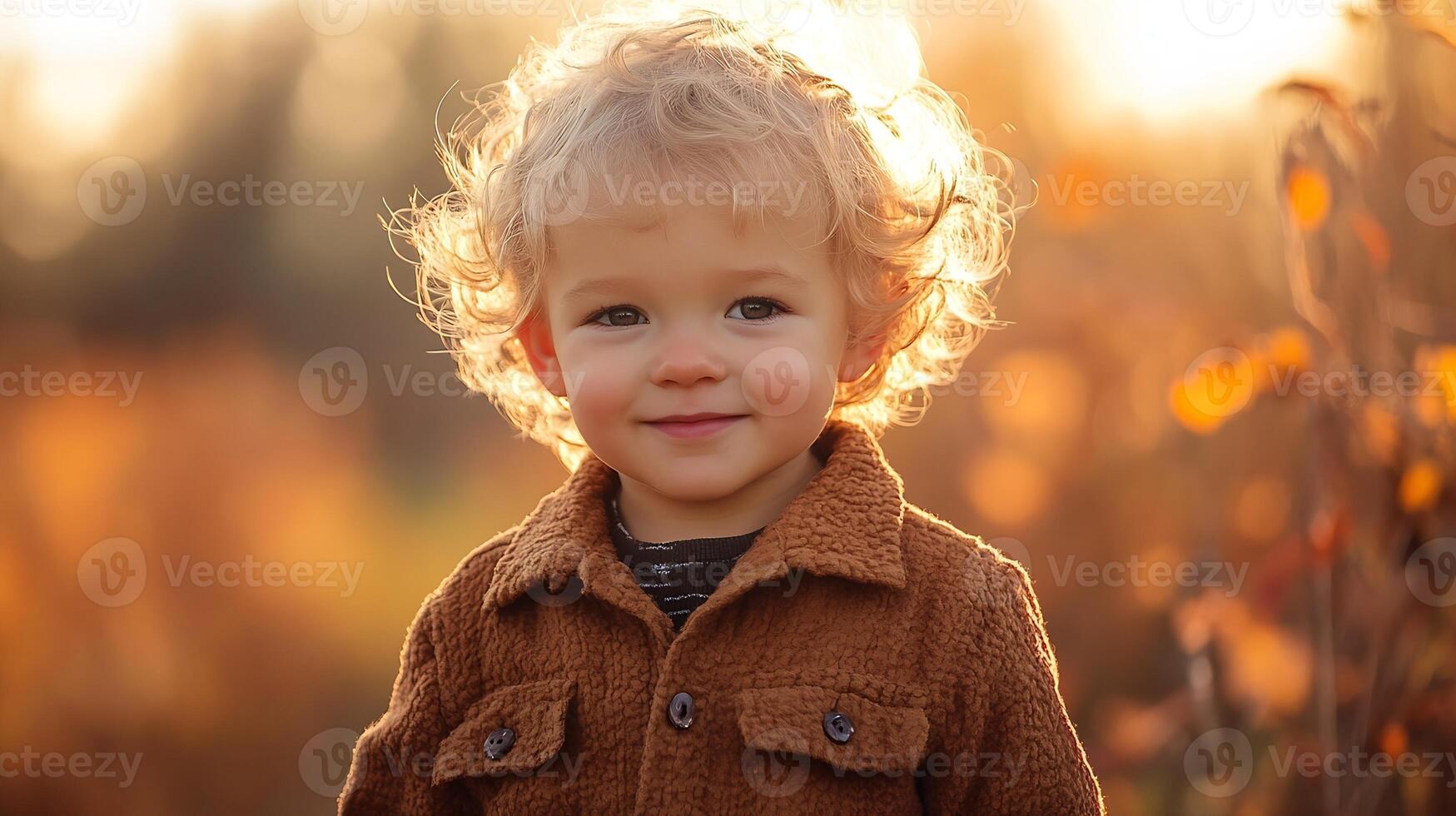 Cheerful Toddler with Curly Hair in Warm Tones of Autumn Light photo