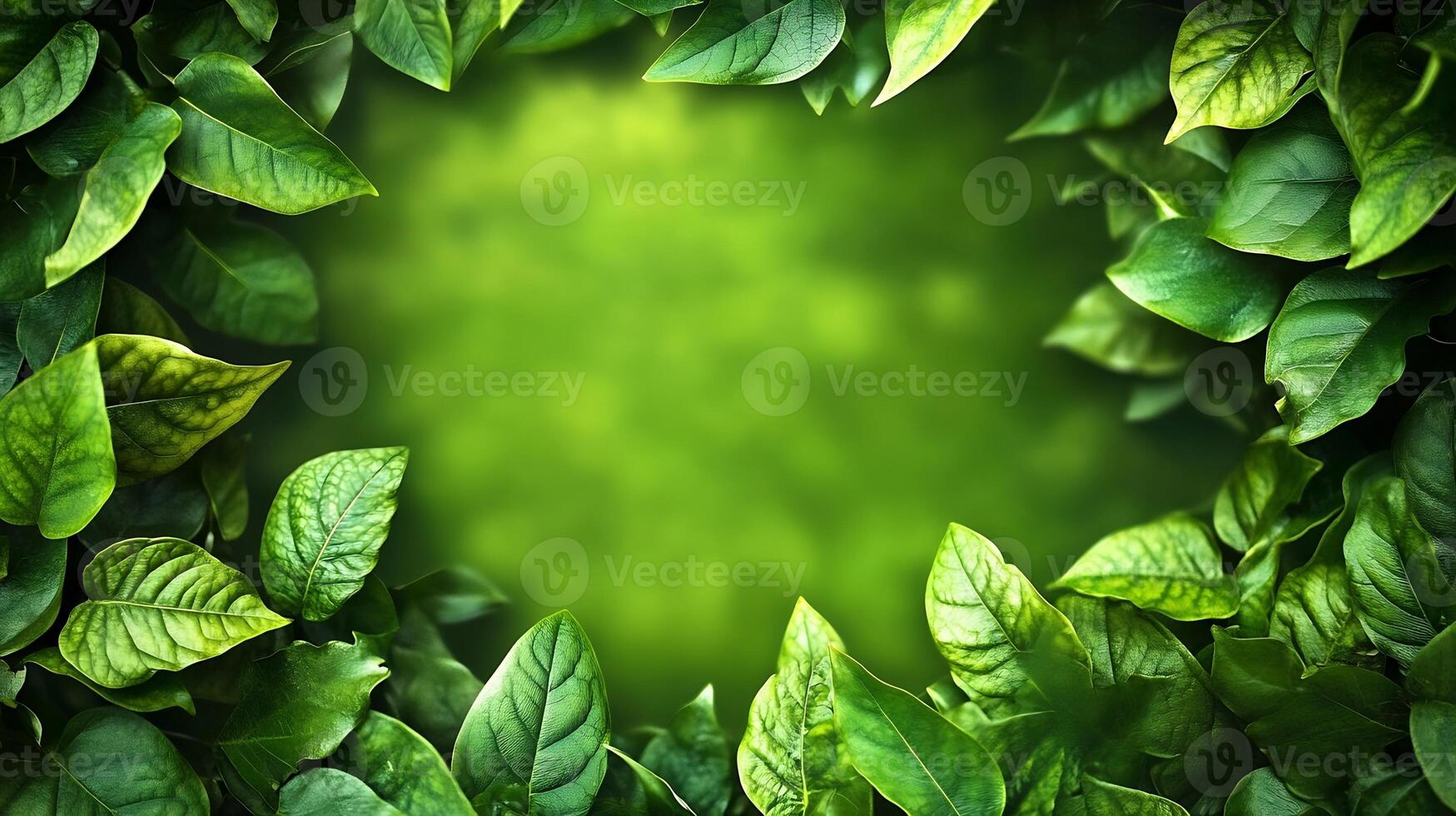Lush Green Leaves Forming Natural Frame With Vivid Green Background photo