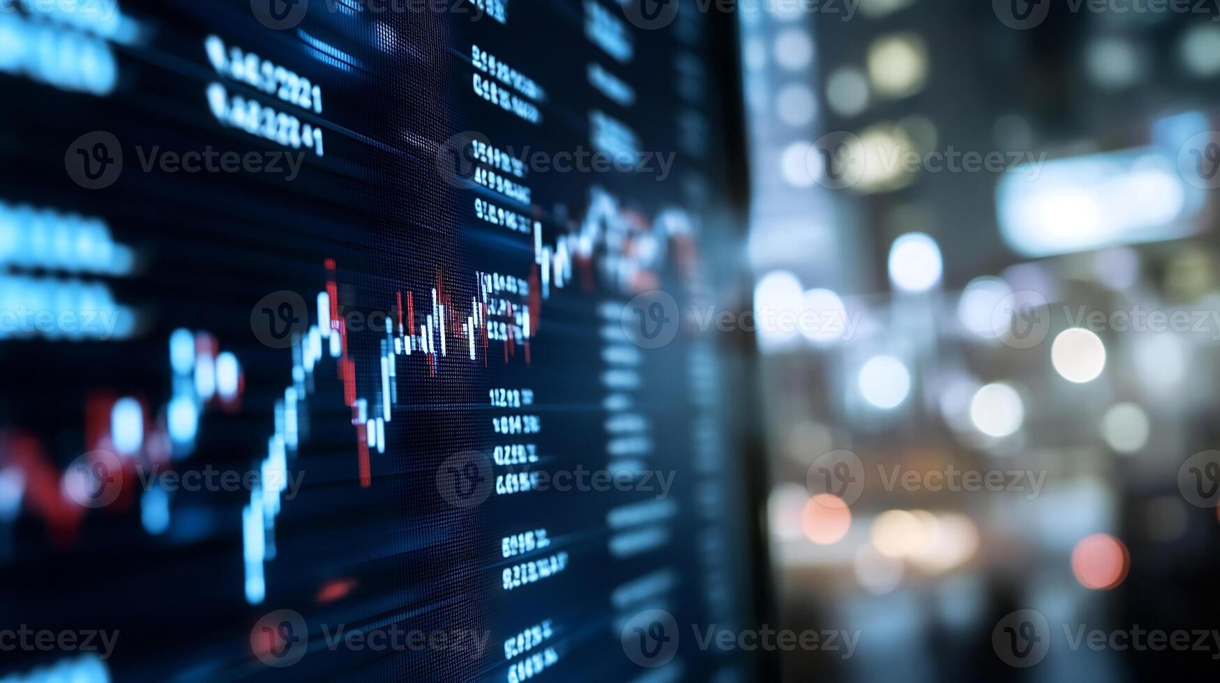 Financial Stock Market Data Analysis on Digital Screen with Blurred City Lights in Background photo