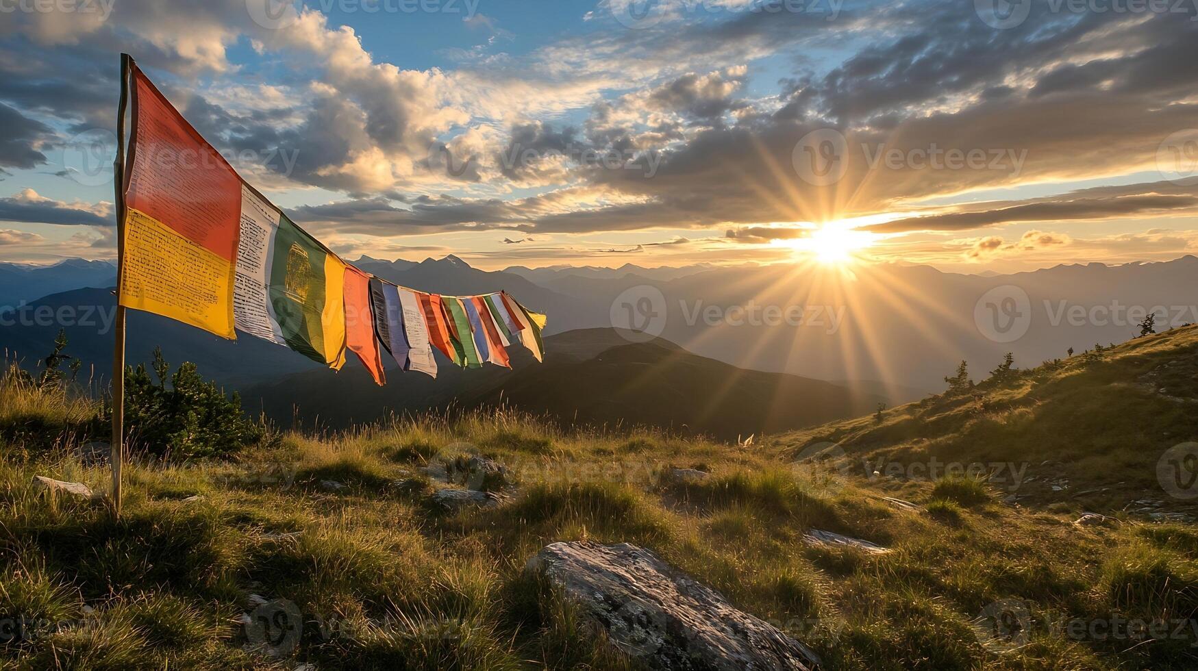 Majestic sunset over mountain range with vibrant prayer flags and clear sky photo