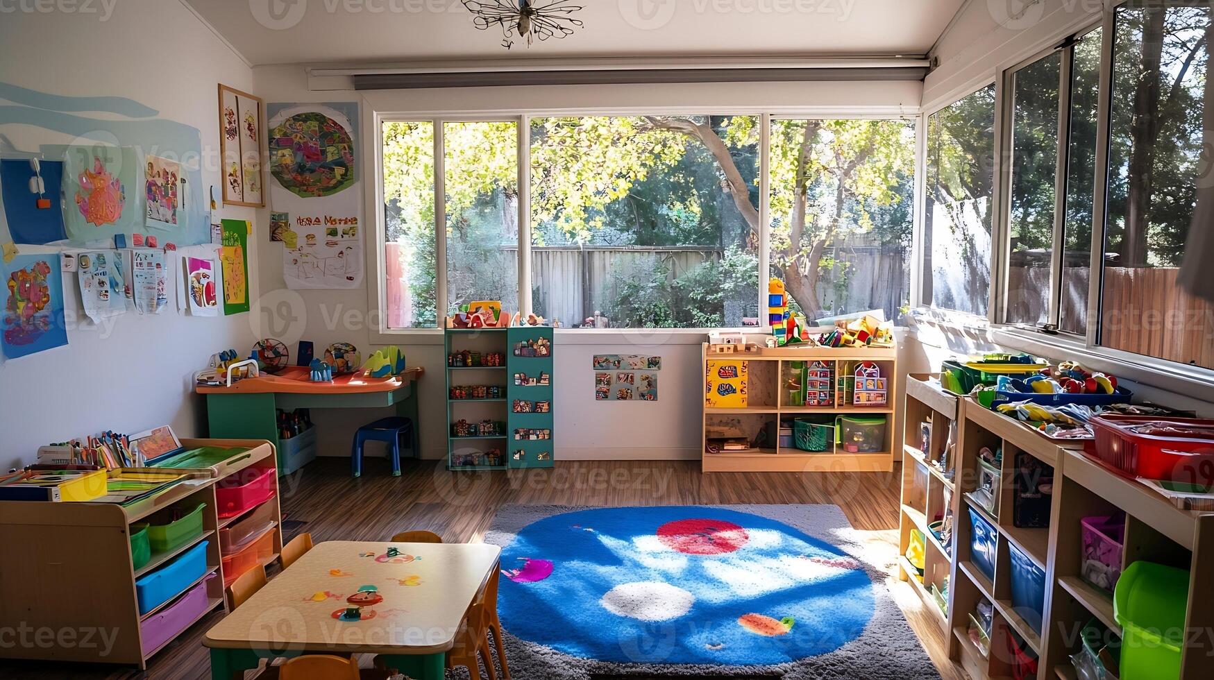 Colorful and Organized Kindergarten Classroom with Activity Stations photo