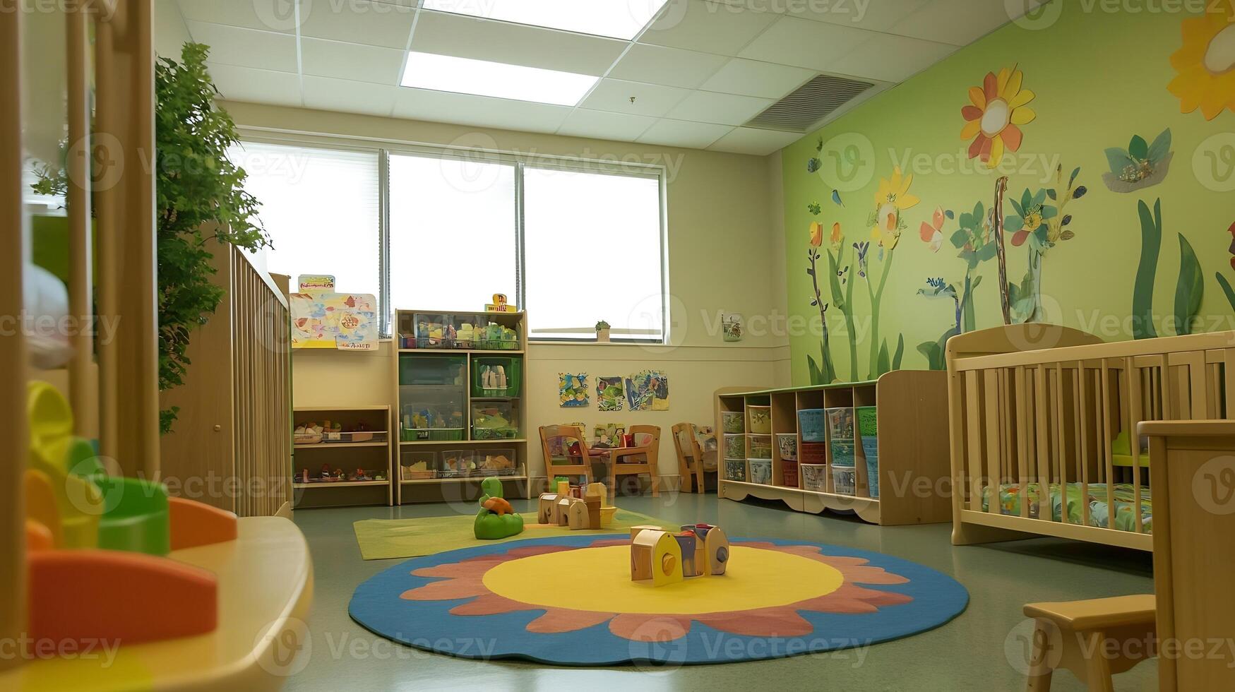 Bright and Colorful Preschool Classroom with Playful Learning Environment photo