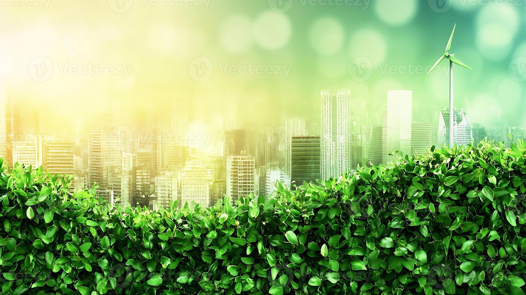 Sustainable Cityscape with Wind Turbine and Green Leaves Concept of Eco Future photo