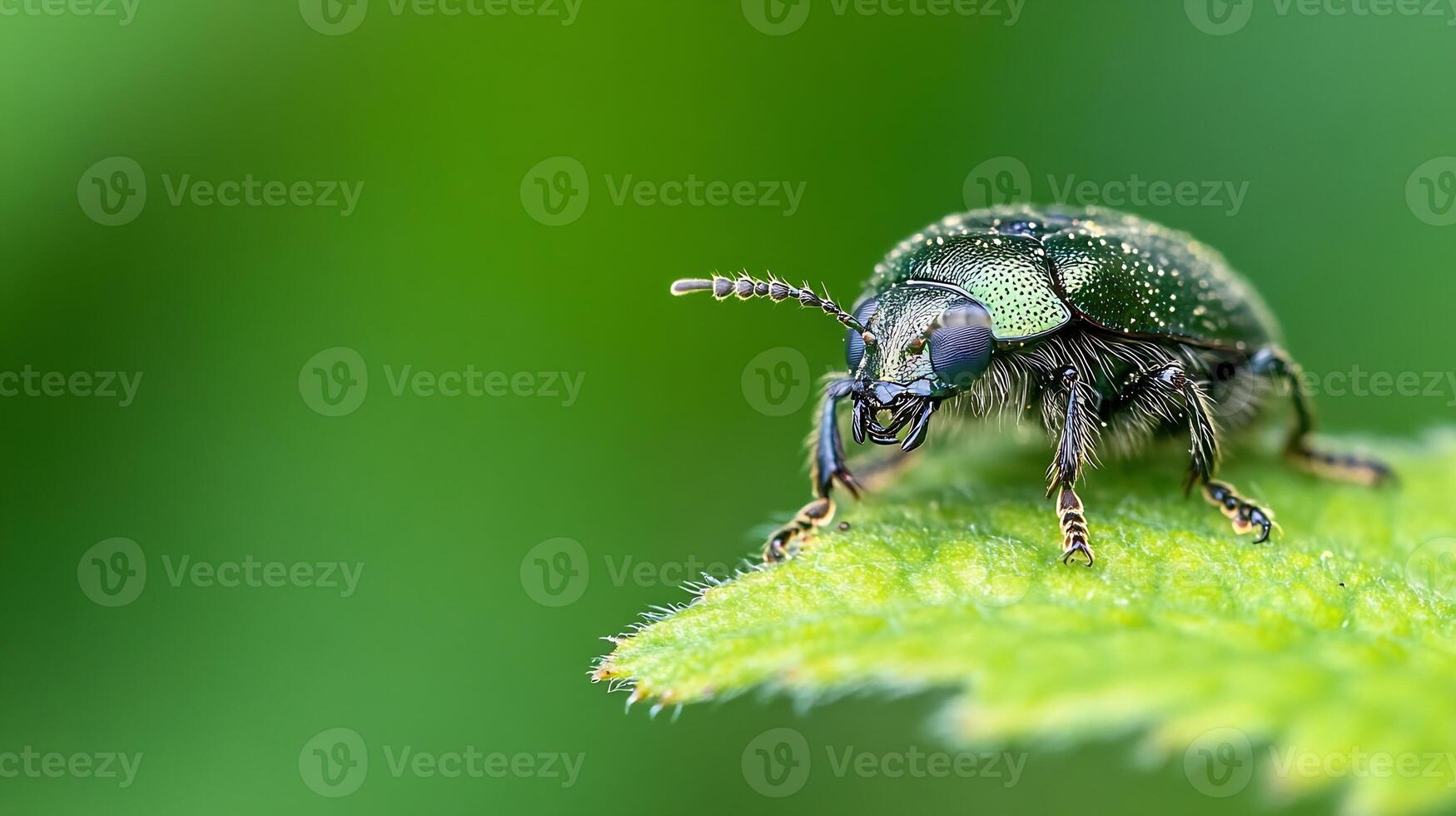 Close-up of Green Beetle on Leaf with Detailed Insect Texture photo