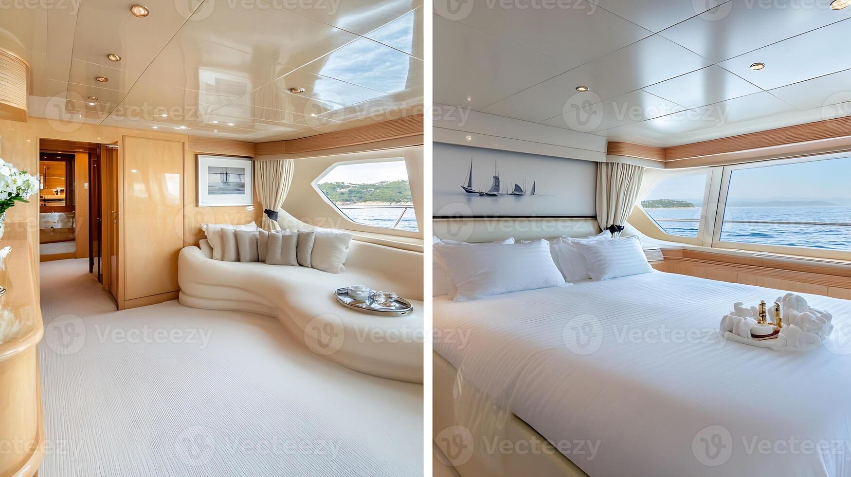 Luxurious Yacht Interior Suite with Panoramic Ocean Views and Elegant Furnishings photo