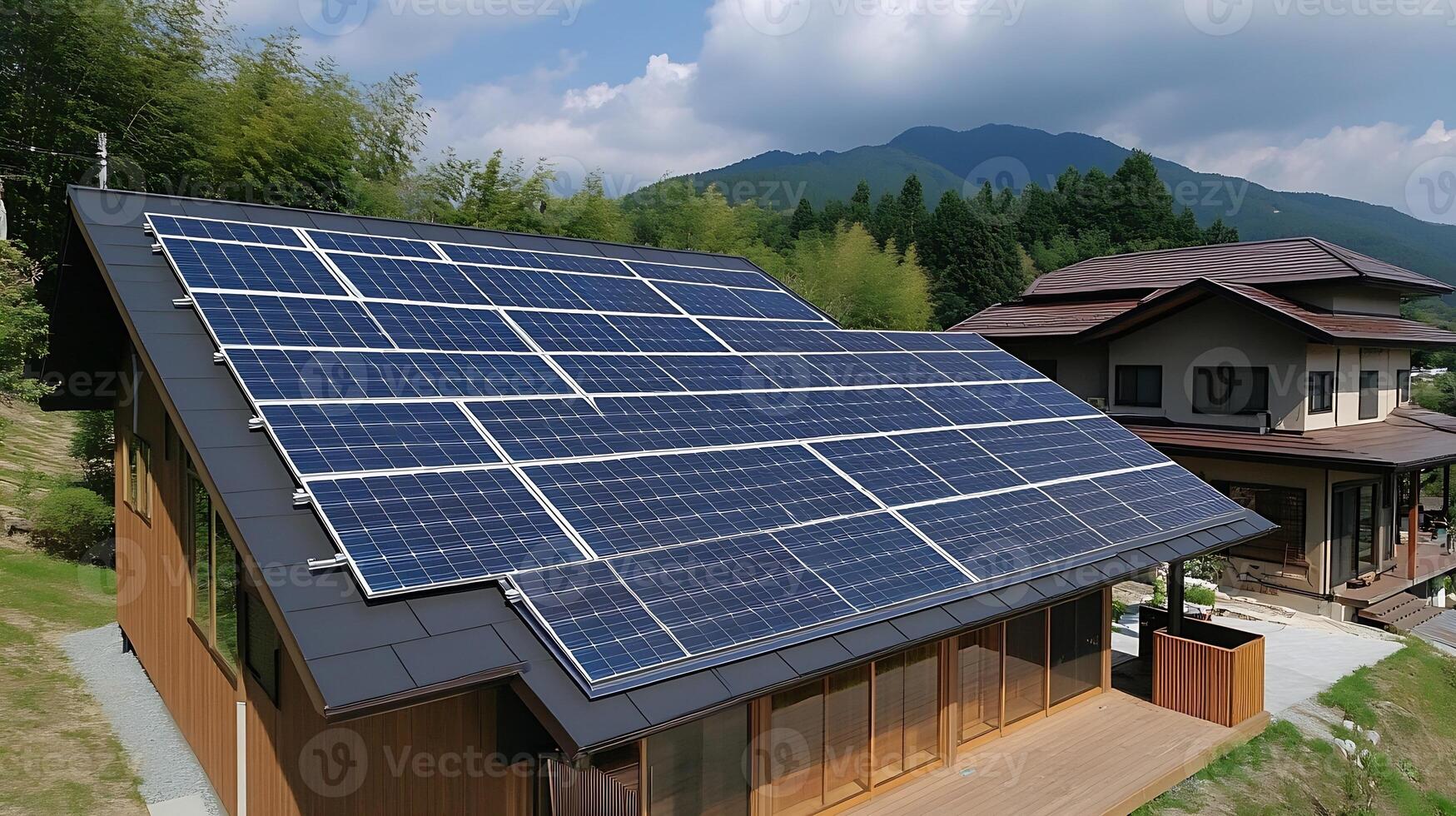 Innovative Solar Panels Mounted on House Roof in Picturesque Rural Environment photo