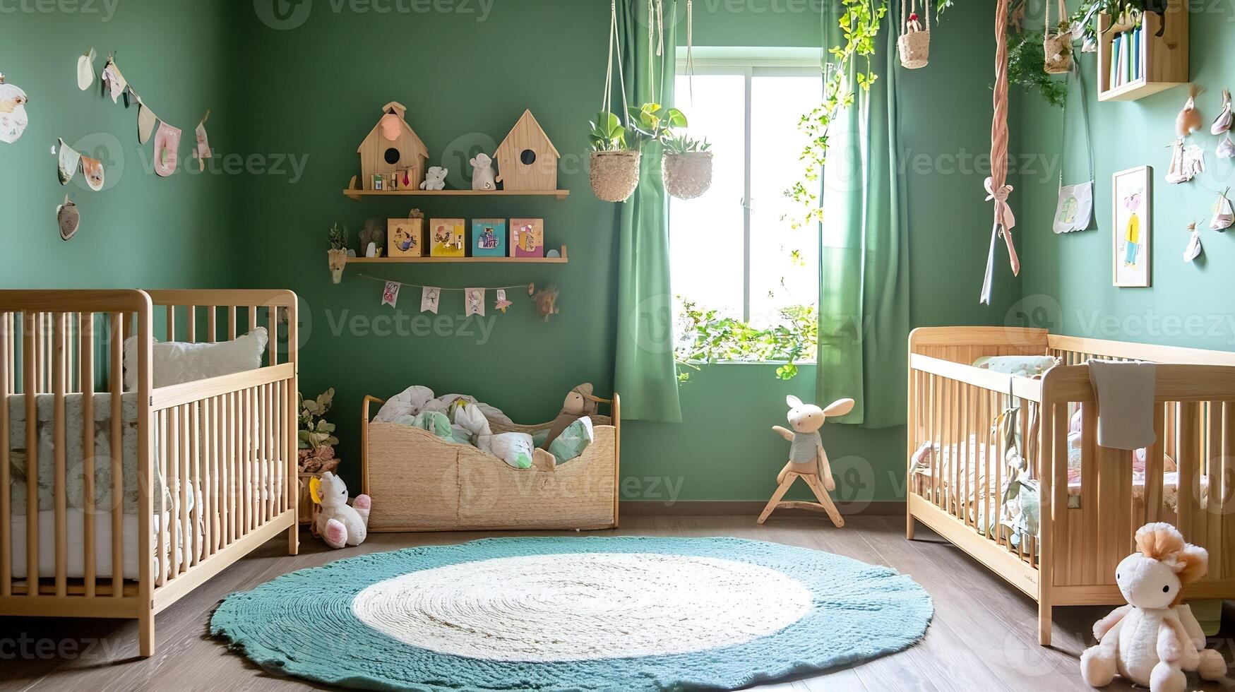 Charming Natural Green Nursery Decorated with Warm Wooden Furniture and Playful Elements photo