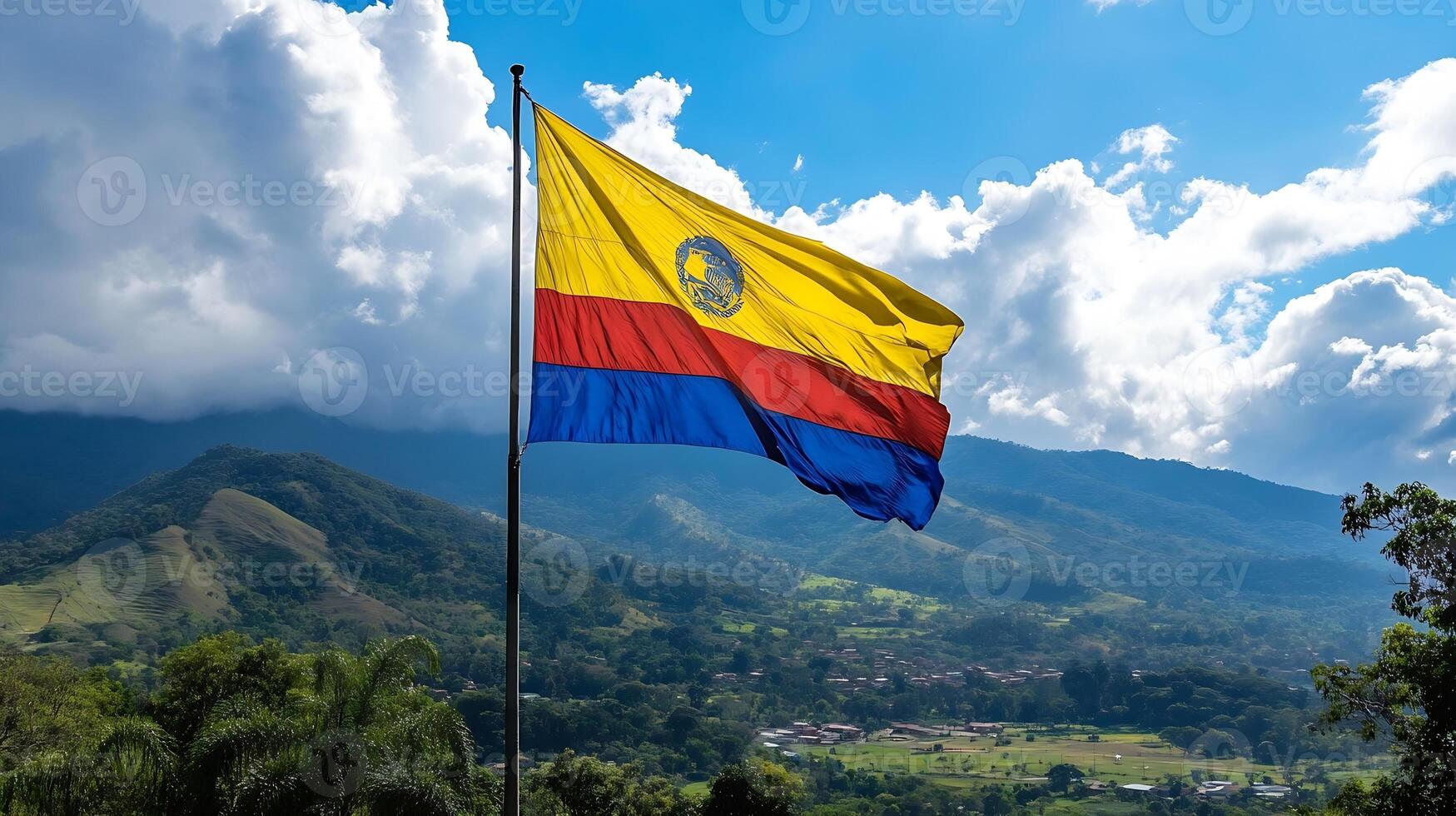 Colombian Flag Waving Against Bright Blue Sky with Lush Mountain Backdrop and Clouds photo