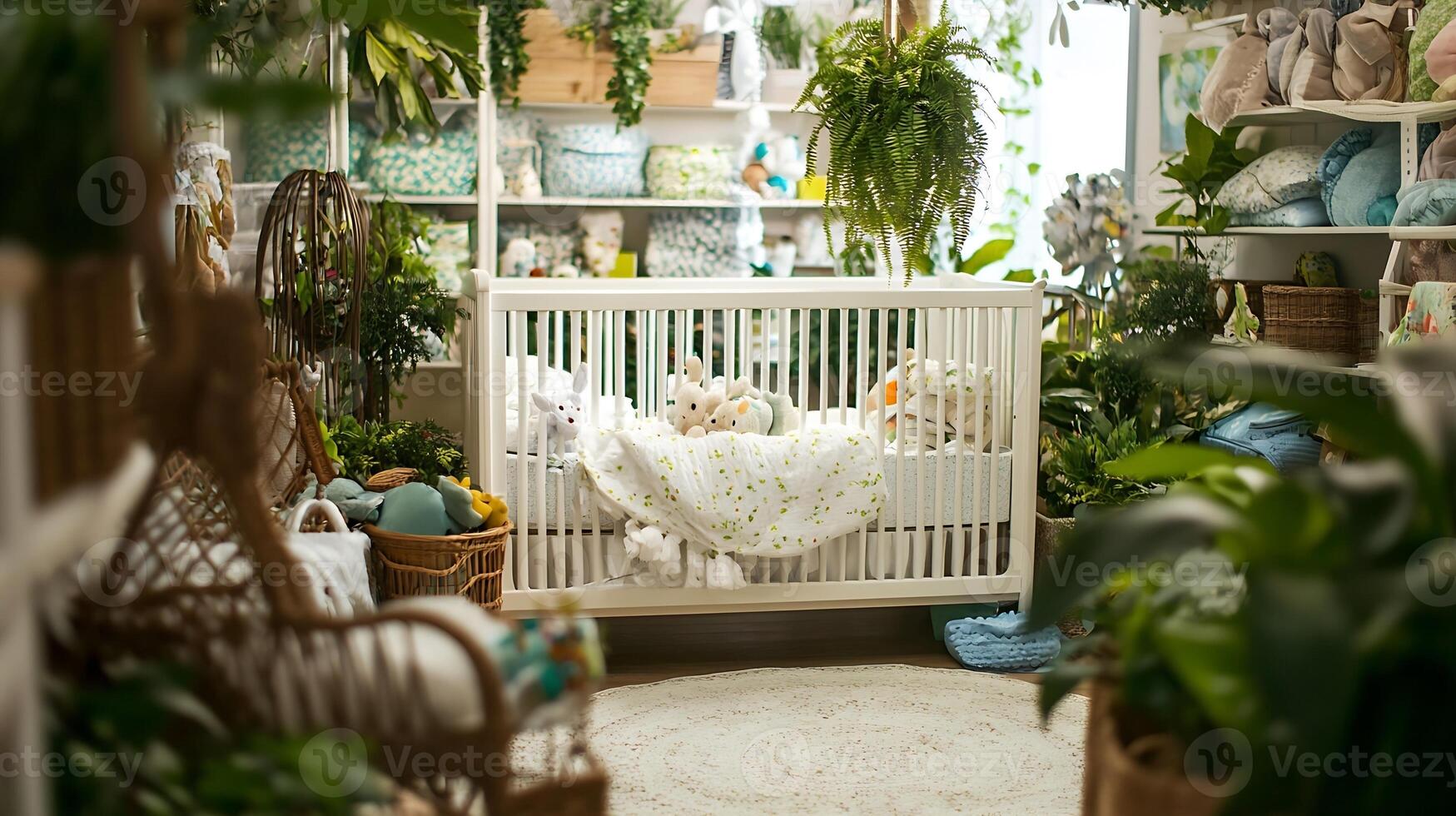 Eco Friendly Nursery Room with White Crib Surrounded by Lush Greenery photo