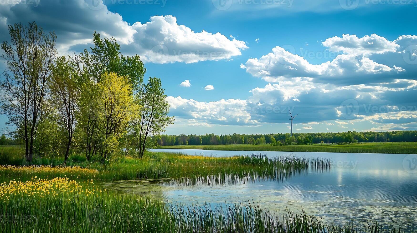 Serene Lake Landscape with Lush Greenery and Clear Blue Sky photo