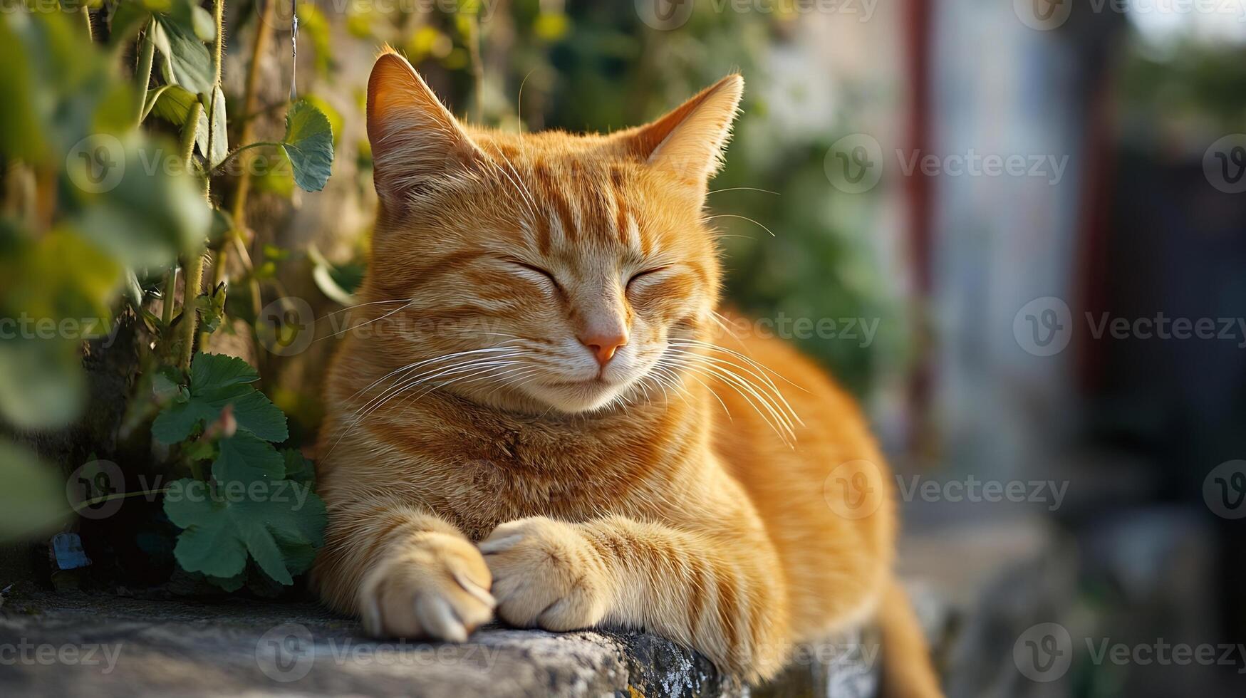 Peaceful Ginger Cat Relaxing in Sunlight on Garden Wall with Lush Greenery Surrounding photo
