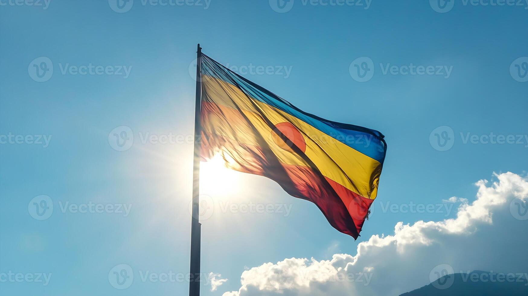 Colombian Flag Soaring High Against Sunlit Sky with Vibrant Clouds and Blue Backdrop photo