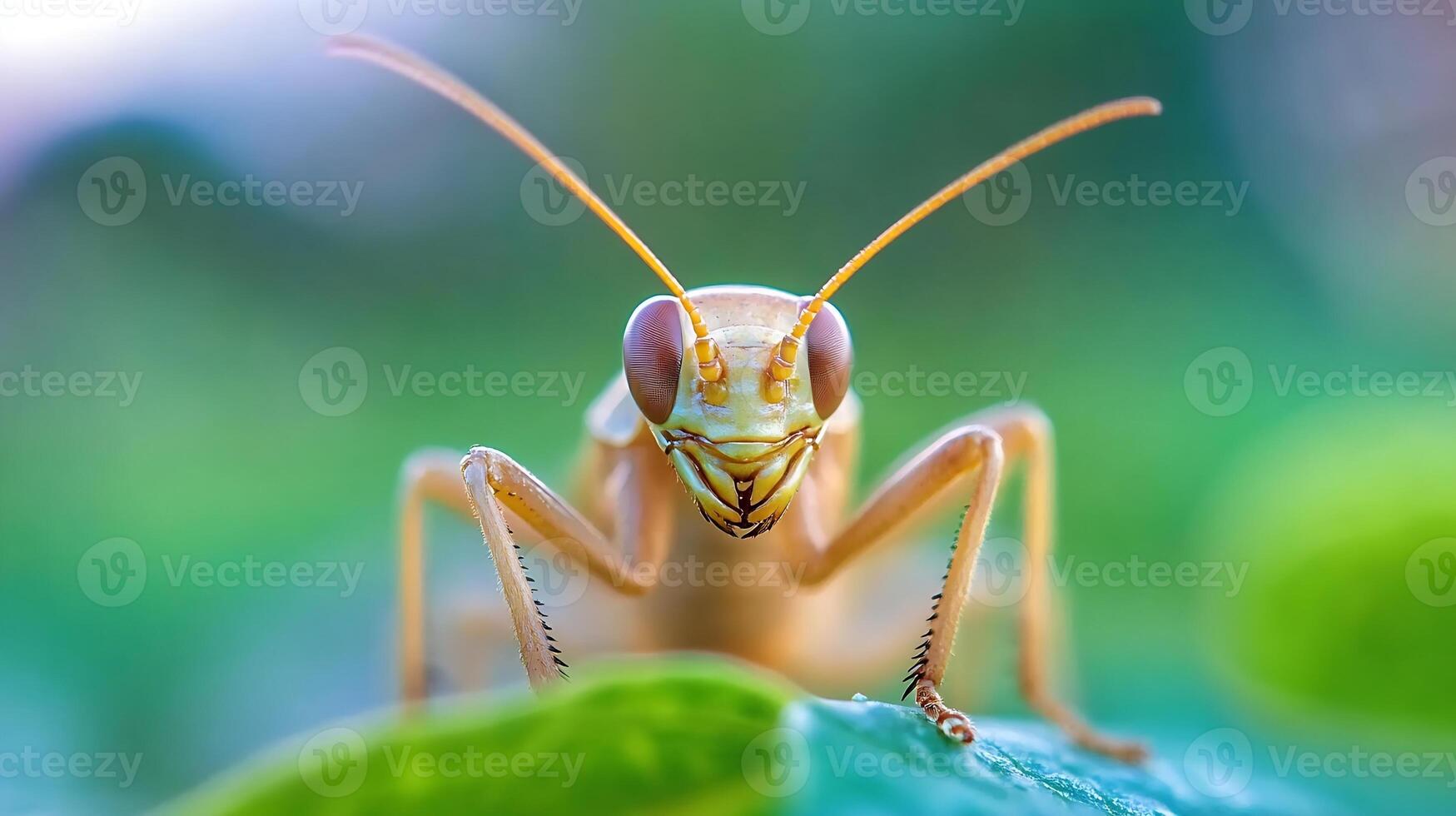 Macro Shot of Grasshopper on Leaf with Vibrant Green Background and Sharp Detail photo