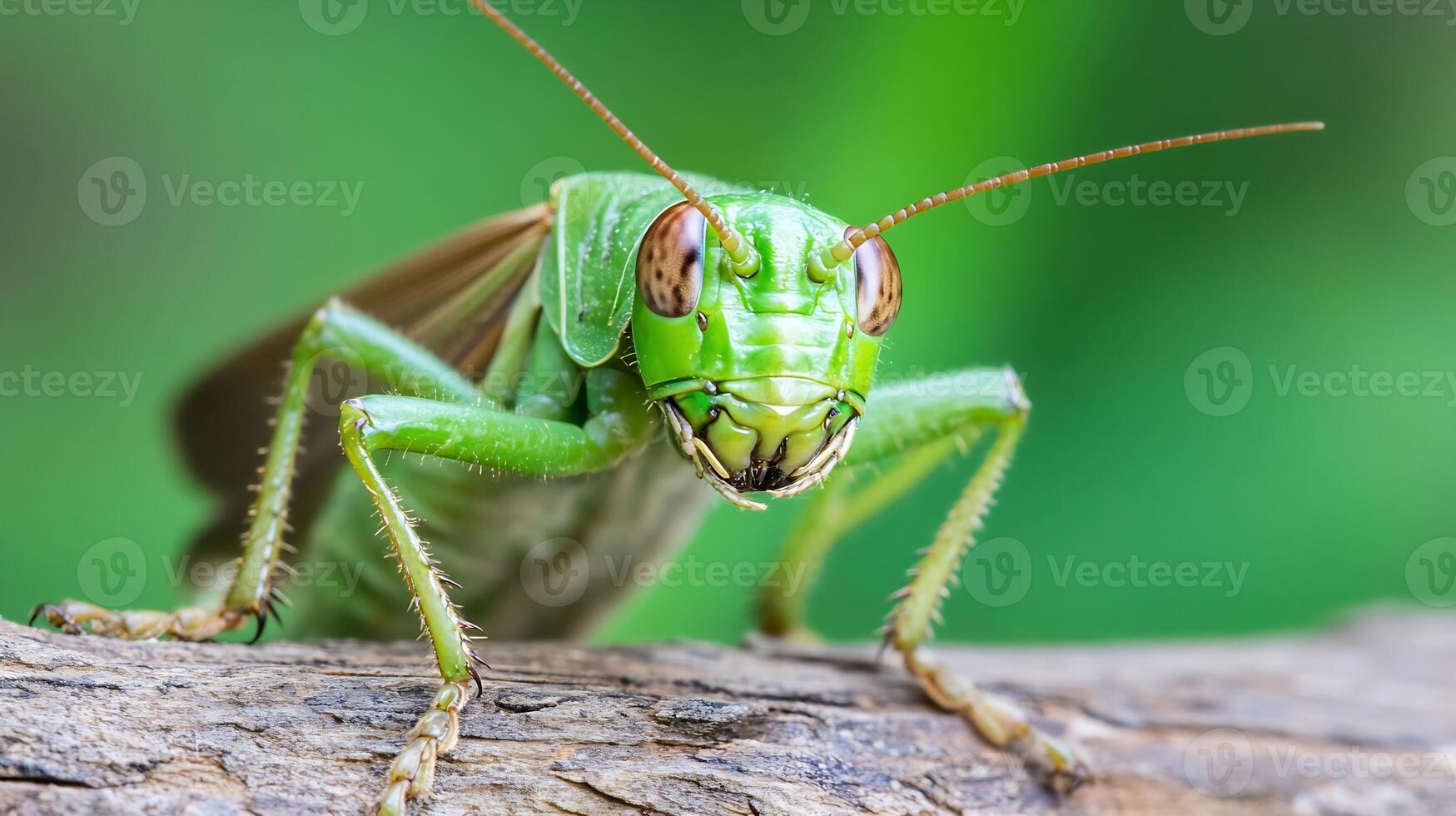 Close-Up of a Vibrant Green Grasshopper on a Wooden Branch photo