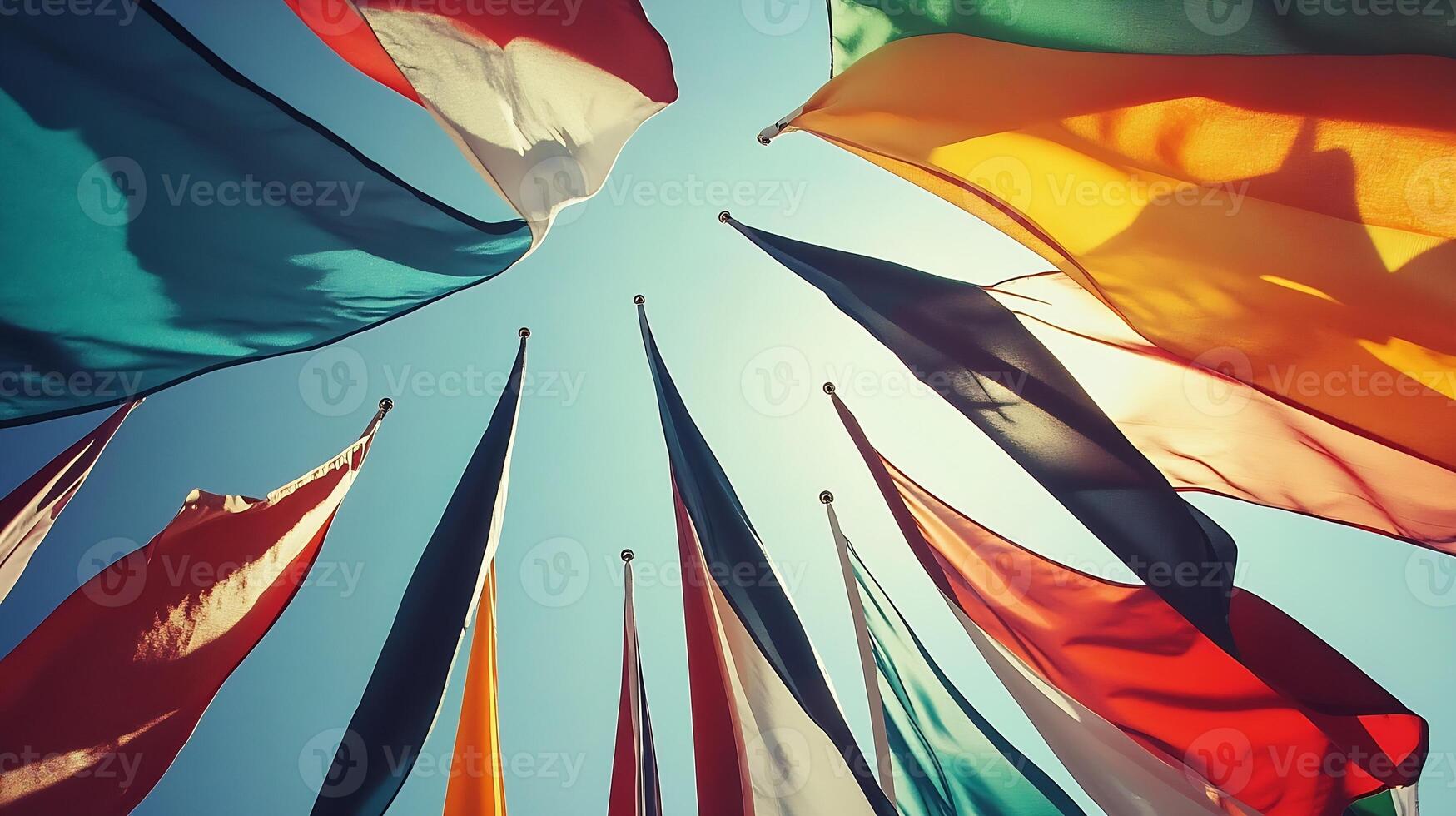 International Flags Waving Under Clear Blue Sky for Global Unity and Cooperation photo