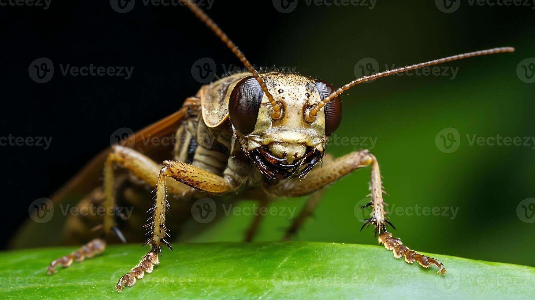 Close-Up of Grasshopper on Green Leaf Showcasing Macro Insect Details photo