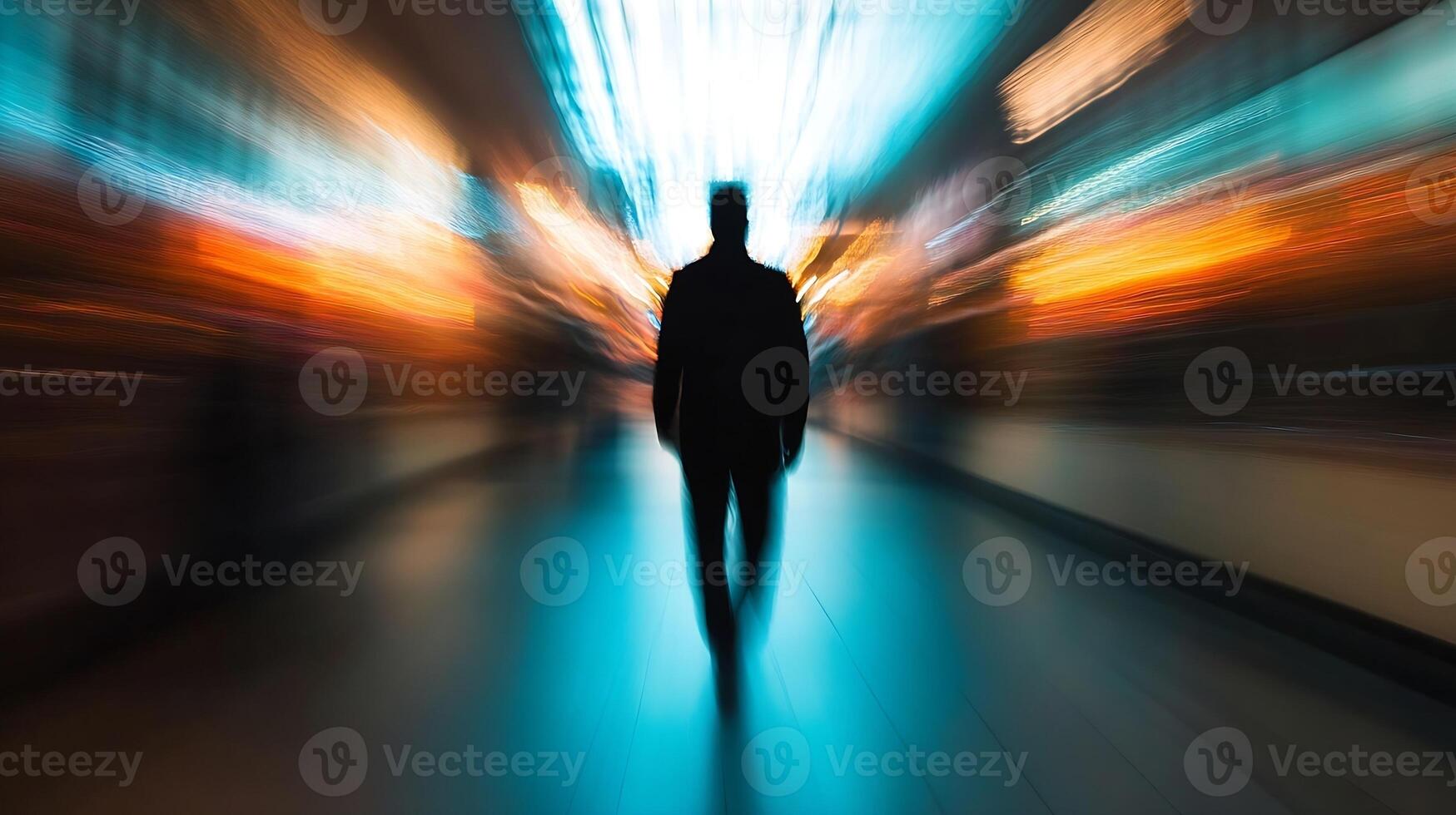 Silhouette of Walking Man in Vibrant Blur Symbolizing Journey and Motion photo